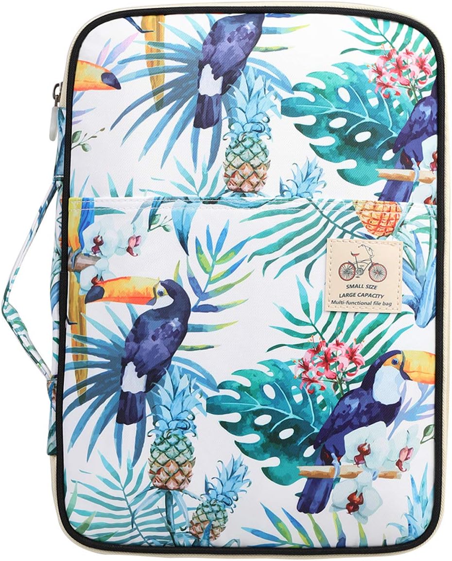 Multi-Functional A4 Document Bags Travel Portfolio Organizer Waterproof Travel Pouch Notepad Carrying Cases File Holder Tablet Sleeve Storage Bag for Travel Office Business Meeting (Bird)