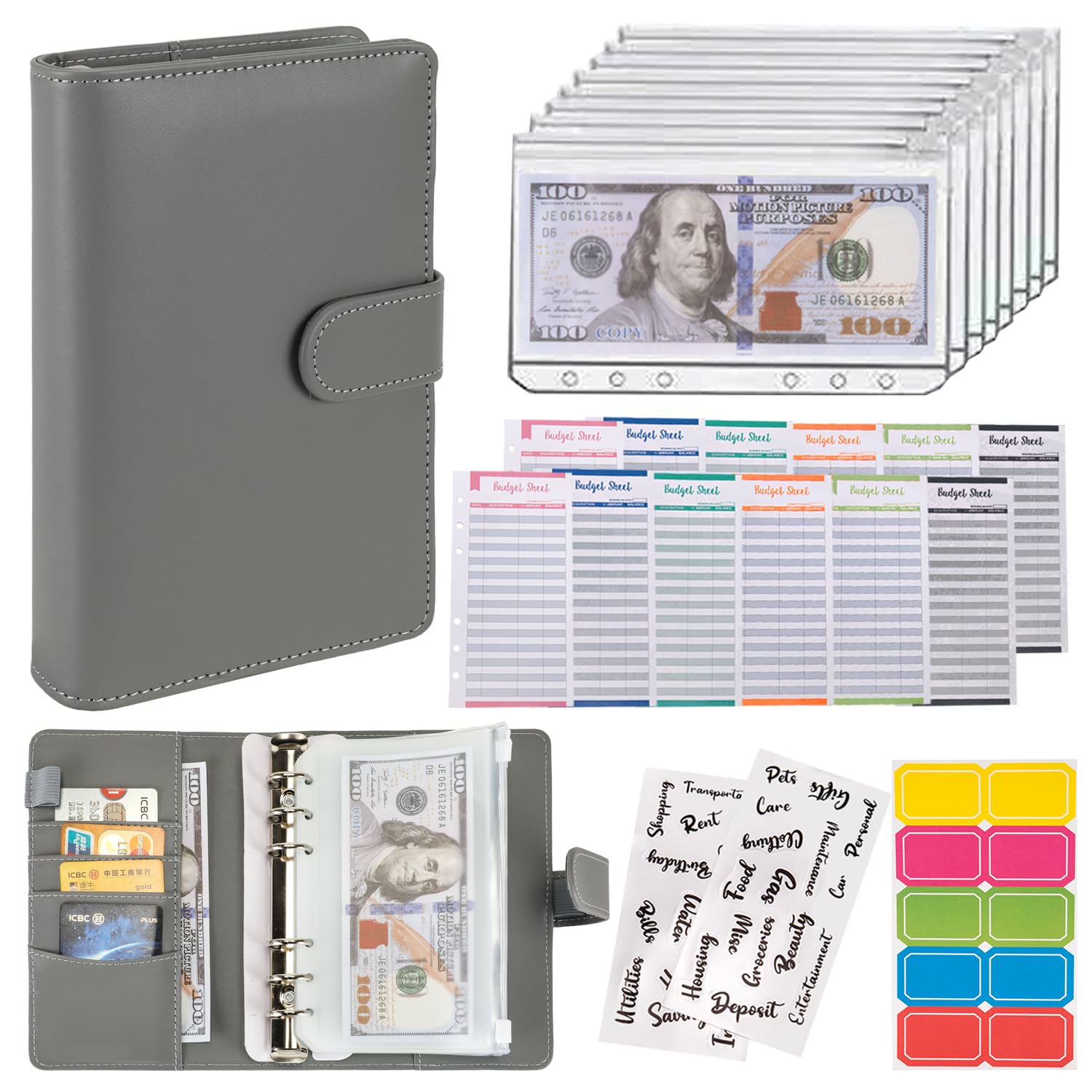 NICOOTHBudget Binder Cash Envelopes A6 Money Saving Binder with Zipper envelopes Full Grey