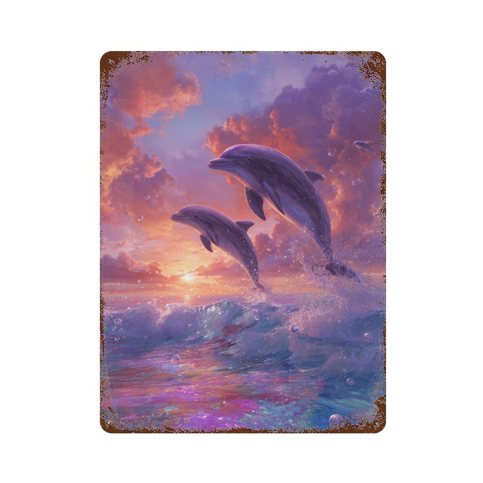 Dolphins Leaping at Sunset 15.7"x11.8" Rust Effect Tin Sign, Vintage Wall Decor for Farmhouse, Kitchen And Entryway Decor