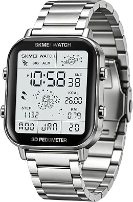 SKMEI Watch for Men Square Dial 3D Pedometer Sports Digital Watch with 50M Waterproof Luminous Countdown Stopwatch Dual Time Display Alarm