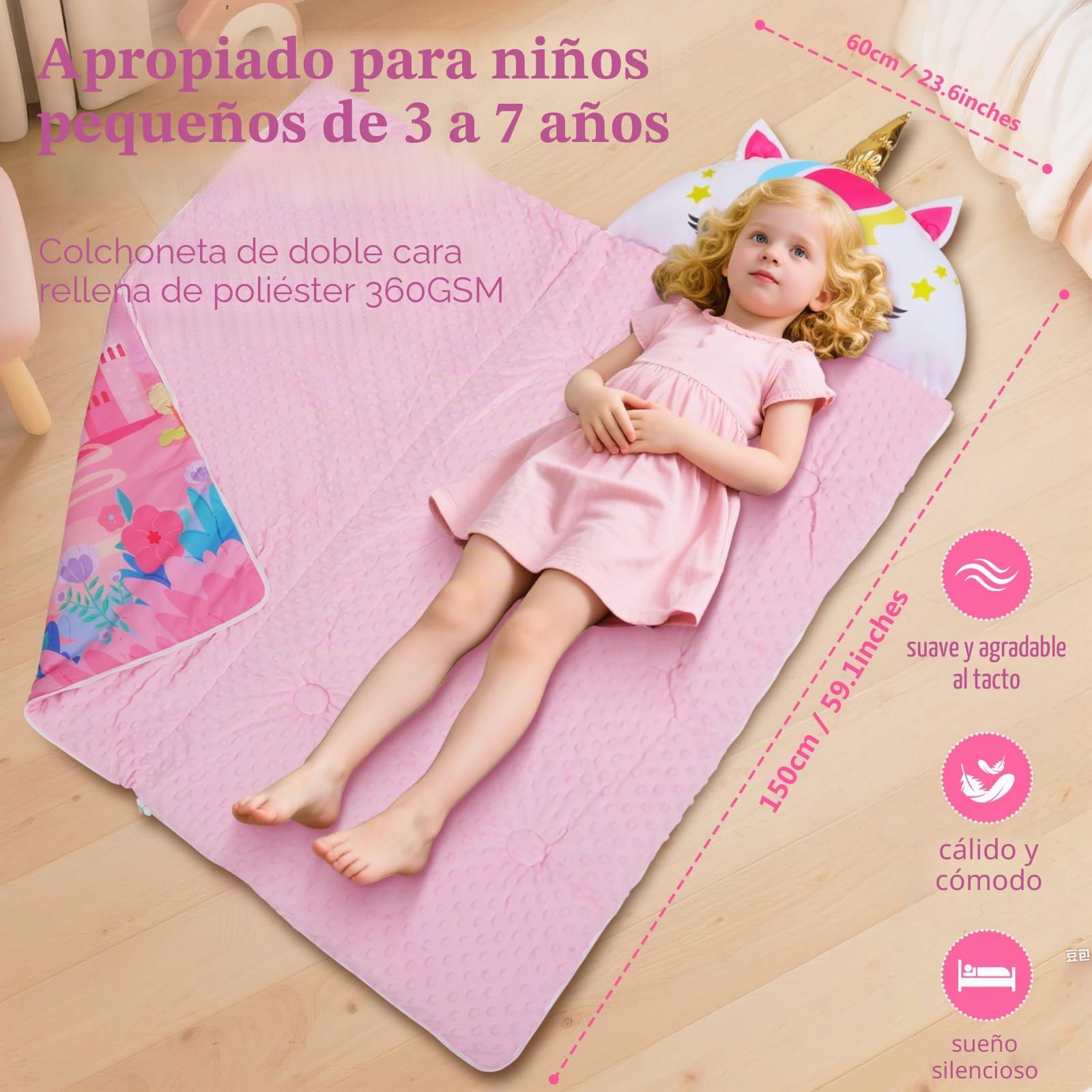 decalsweet Cálida Alfombrilla de Siesta para Niños Pequeños con Almohada Extraíble, Saco de Dormir Plegable para Niñas y Niños, Bolsa de Dormir con Cremallera para Camping Siesta, 150×60cm