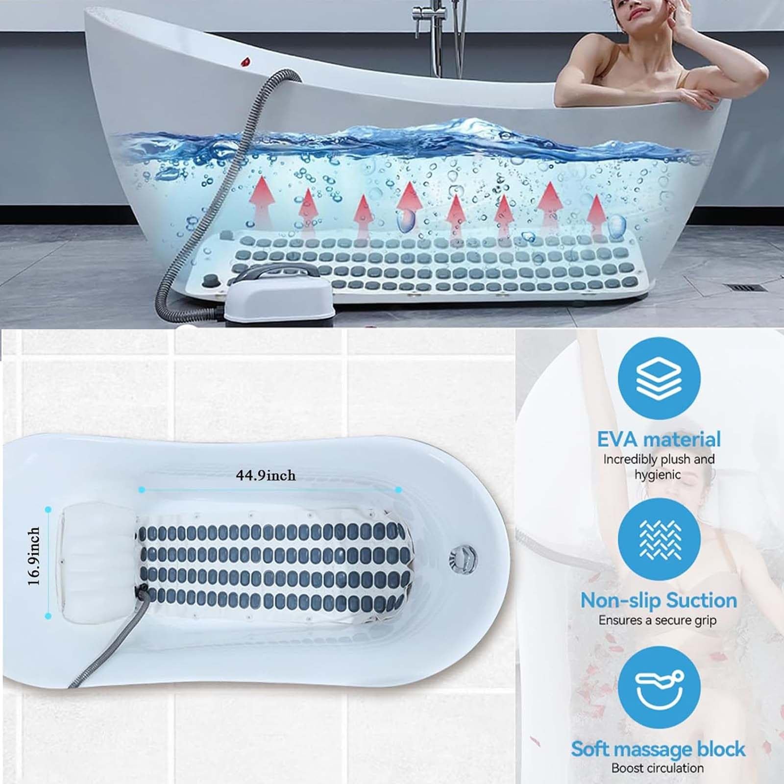 Alfombrilla de baño de masaje, diseño antideslizante impermeable con potente bomba de aire, ajuste de 6 velocidades para un mejor sueño, 114 cm de longitud, experiencia de spa perfecta en casa