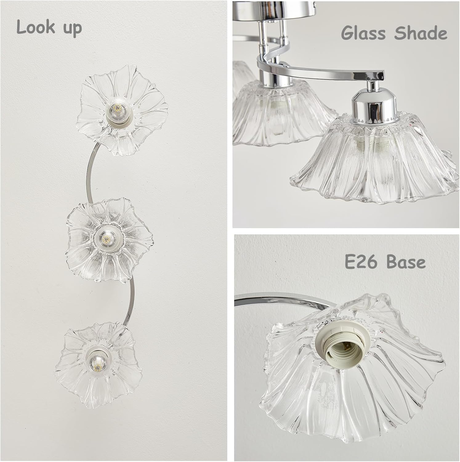 Semi Flush Mount Ceiling Light Fixture,3 Lights Modern Glass Shade Chandelier, Mini Ceiling Fixture for Entryway, Kitchen, Bedroom, Silver