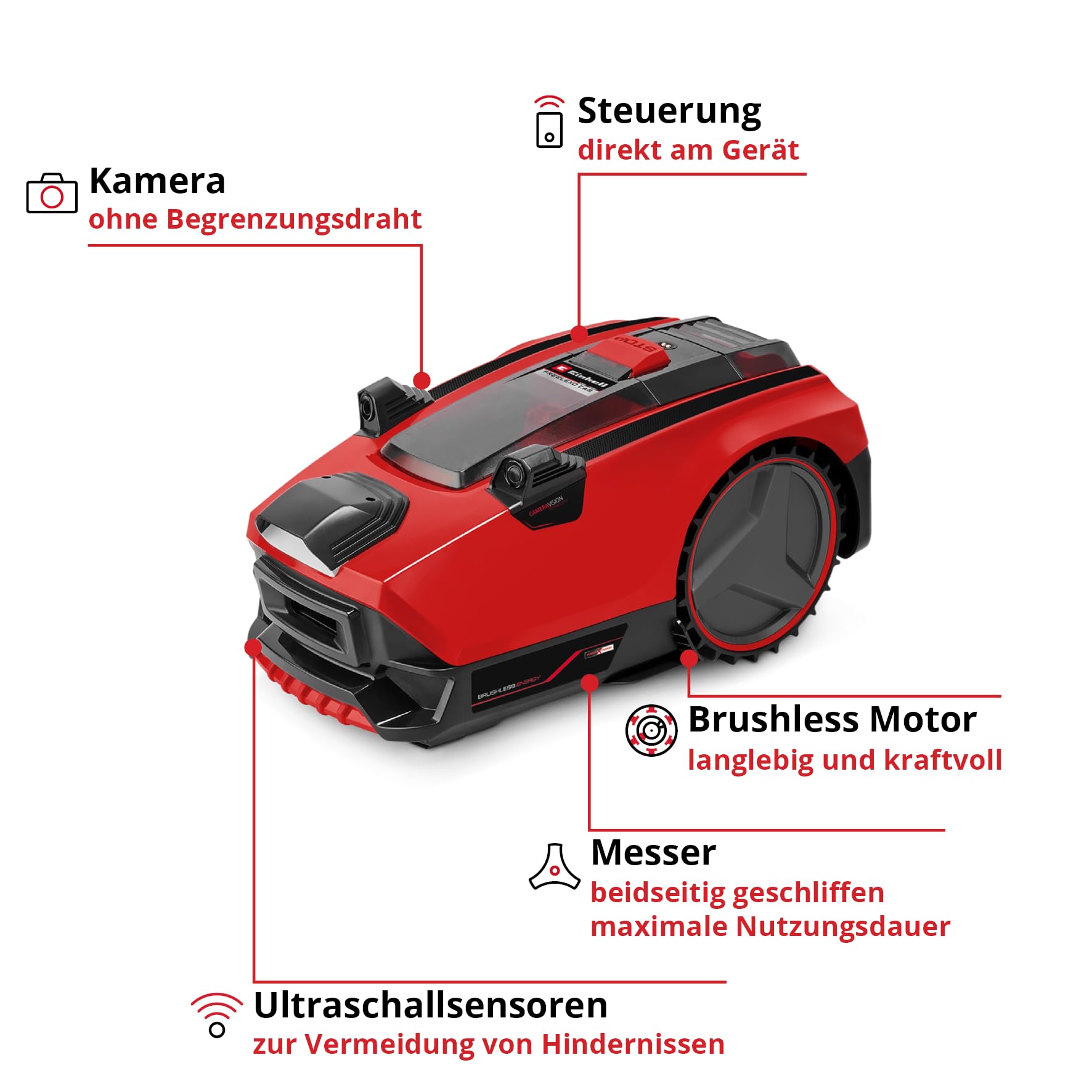 Einhell Mähroboter FREELEXO CAM 500 Power X-Change (18V, Kamera ersetzt Begrenzungsdraht, für 500 m², Brushless, bis 25% Steigung, Schnittbreite 18 cm, inkl. 3,0 Ah Akku, 5 m Magnetband)