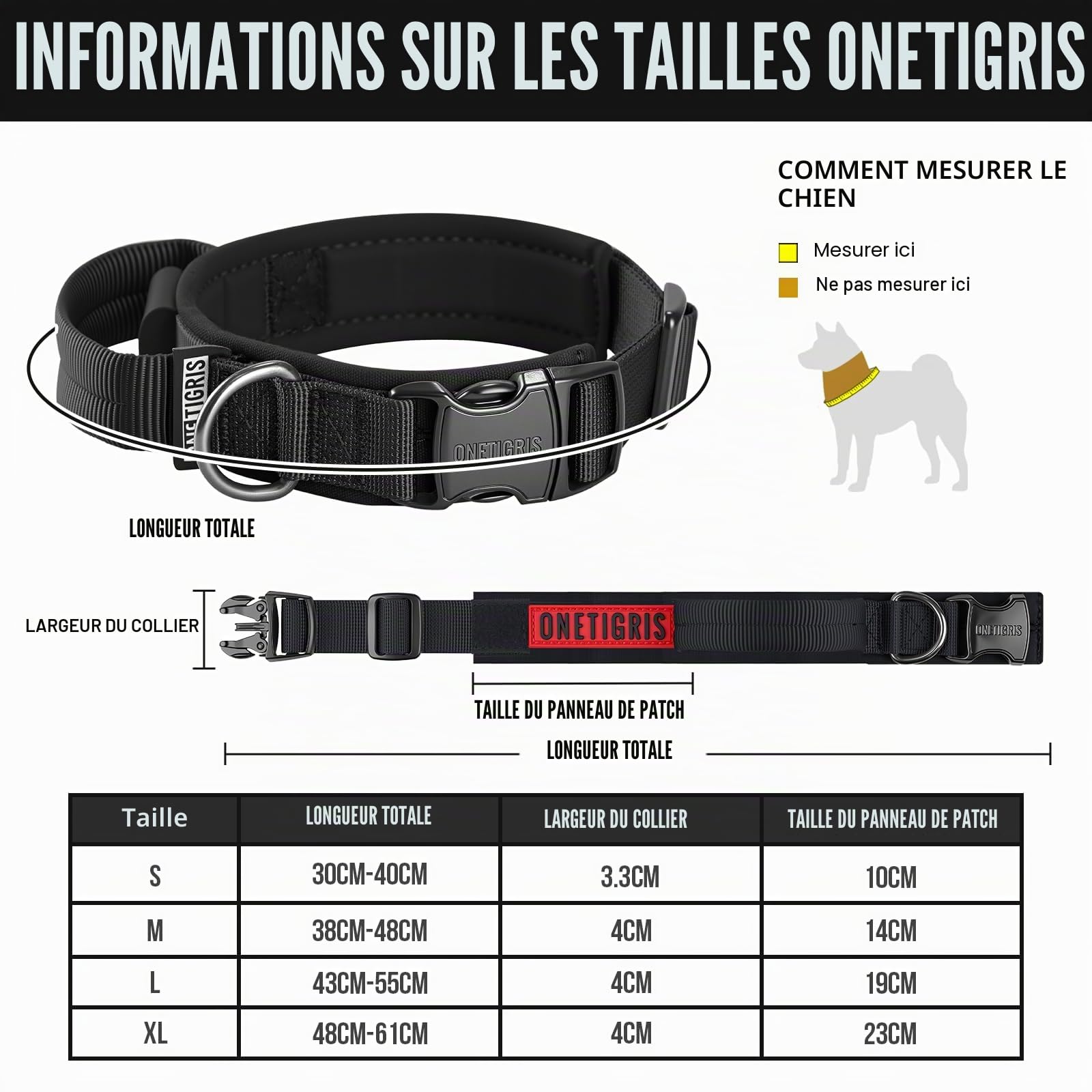 OneTigris Collier pour Chien avec Boucle en métal pour Chien - Noir XL