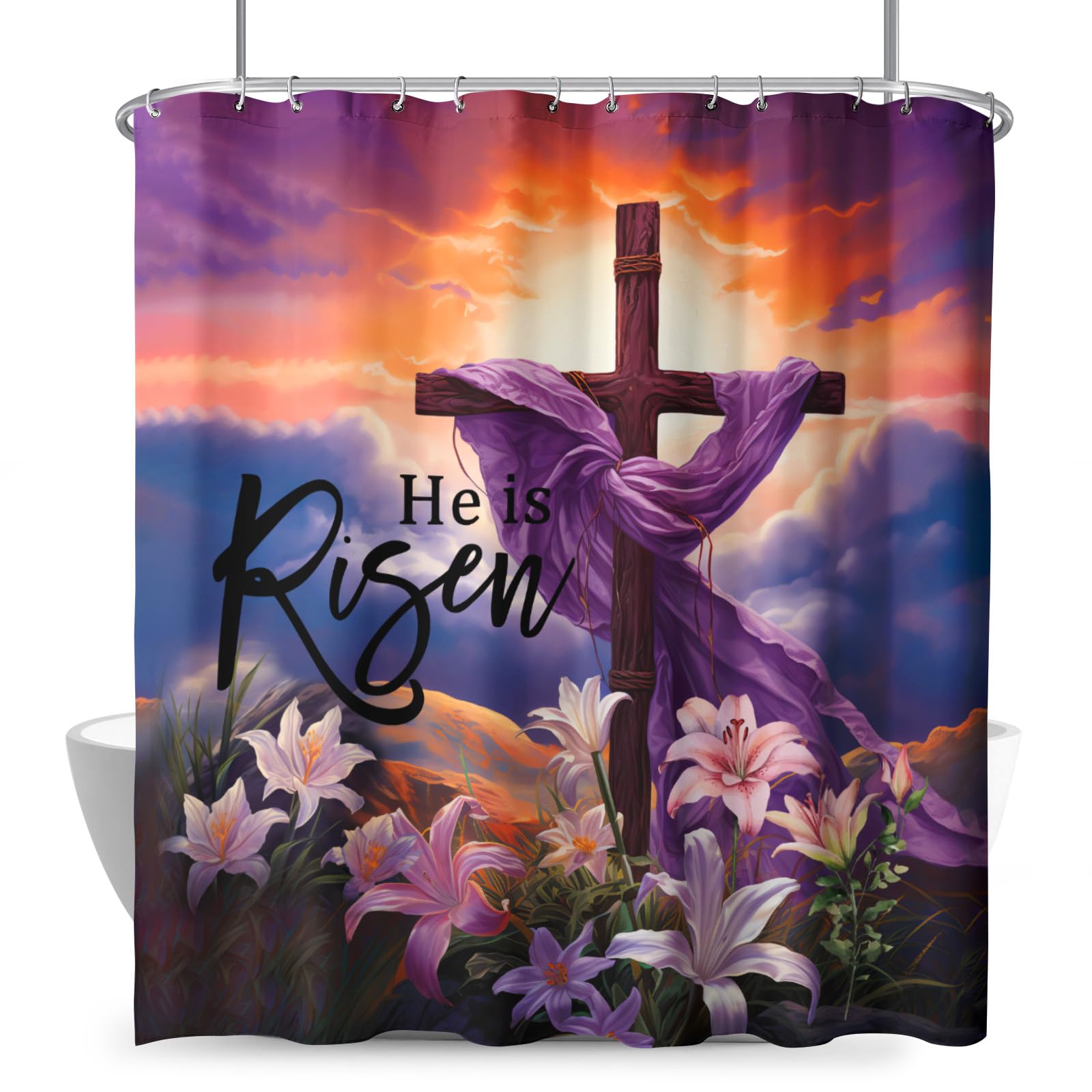 Dacawin Easter He is Risen Shower Curtain Spring Purple Flowers Shower Curtains for Bathroom Curtains Easter Cross Sunrise Bath Shower Curtain for Bathroom Decorations 72x72 Inch