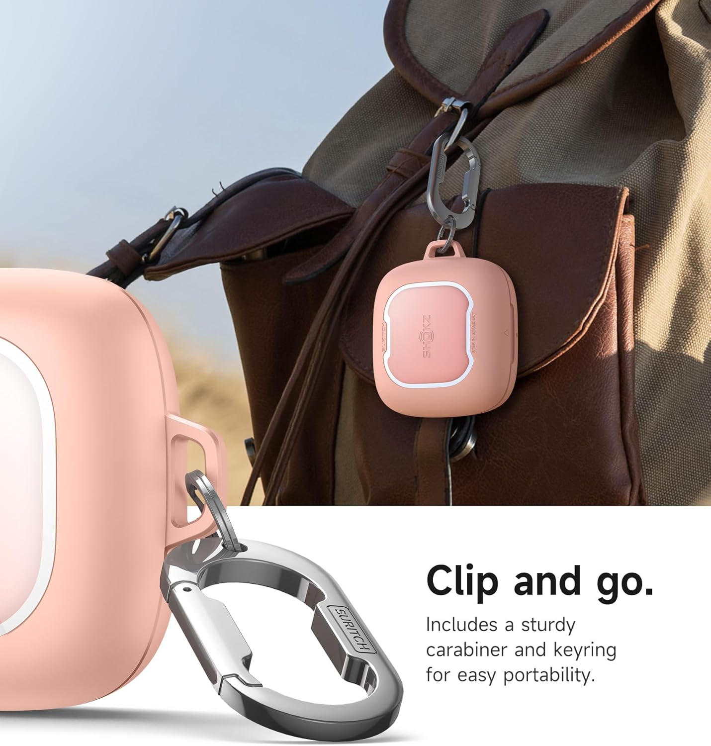 SURITCH for SHOKZ OpenFit Air Case Cover, Magnetic Locking Cases for SHOKZ OpenFit Air Open-Ear Headphones, Protective Bumper Cover with Carabiner & Keyring for OpenFit Air Earbuds (2024), Pink - Image 4