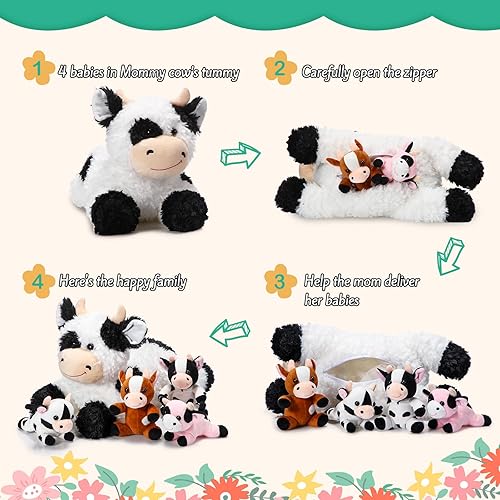 Miniatura 4 de Shappy Juego de 5 animales de peluche de vaca, 1 animal de peluche de vaca mamá con 4 vacas de peluche en su barriga, juego de peluche suave para
