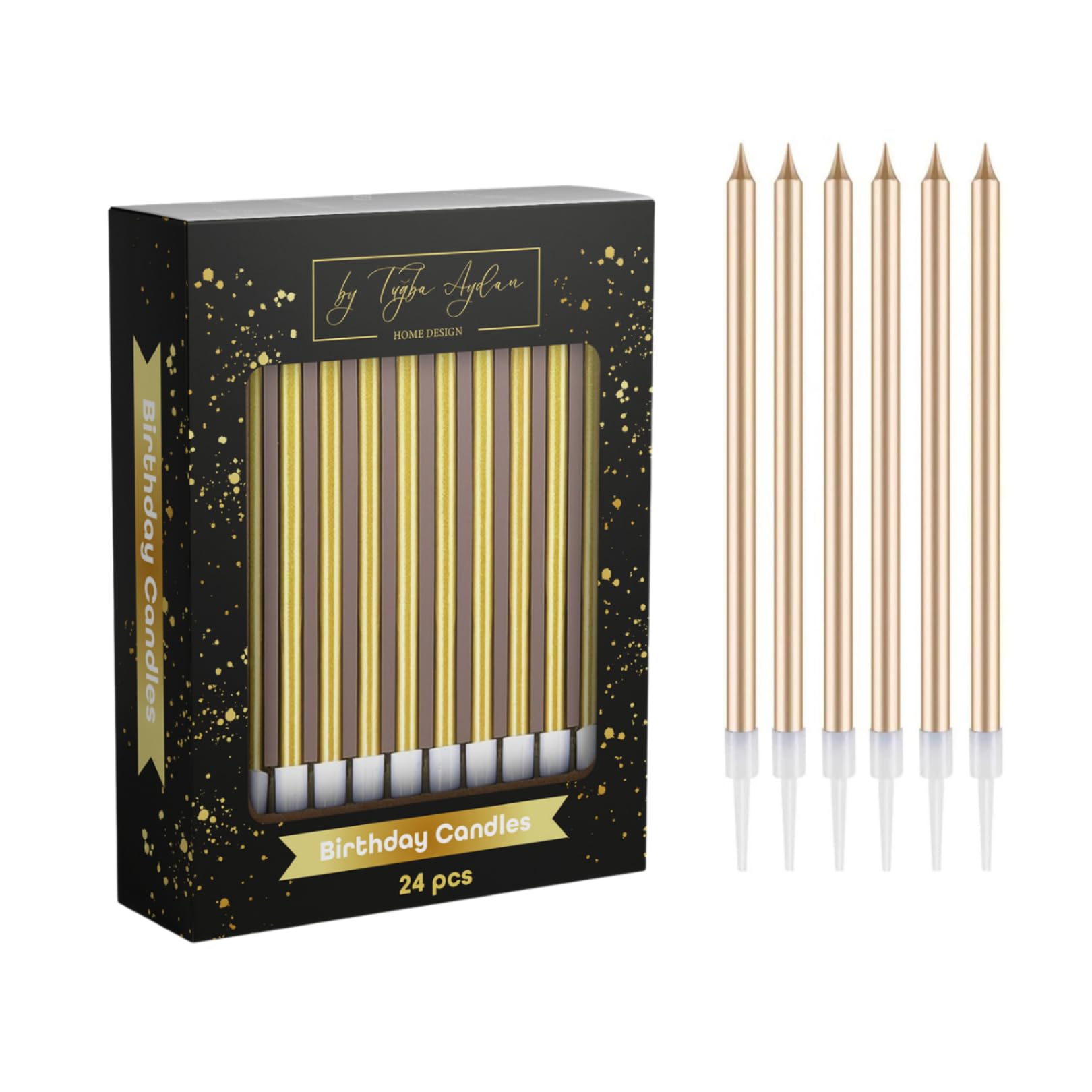 by Tugba Aydan - 24 Count Long Thin Gold Birthday Candles, Metallic Cake Candle for Birthday, Party Candles