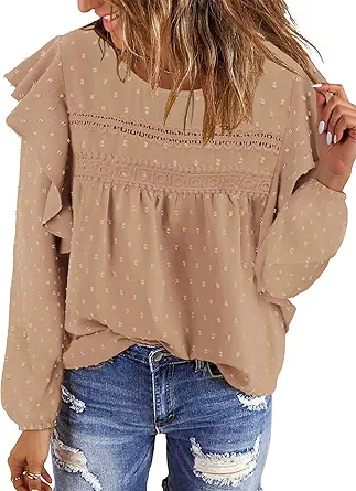 BETTE BOUTIK Womens Boho Fall Long Sleeve Shirts Crewneck Dressy Casual Blouses Trendy Flowy Tops