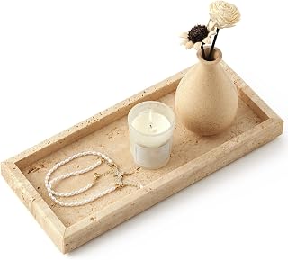 Real Natural Small Travertine Tray for Bathroom, Vanity, Kitchen Counter | Rectangle Genuine Stone Marble for Home Decor - Ideal for Jewelry, Cosmetics, Candles, Lotion & Perfume Display