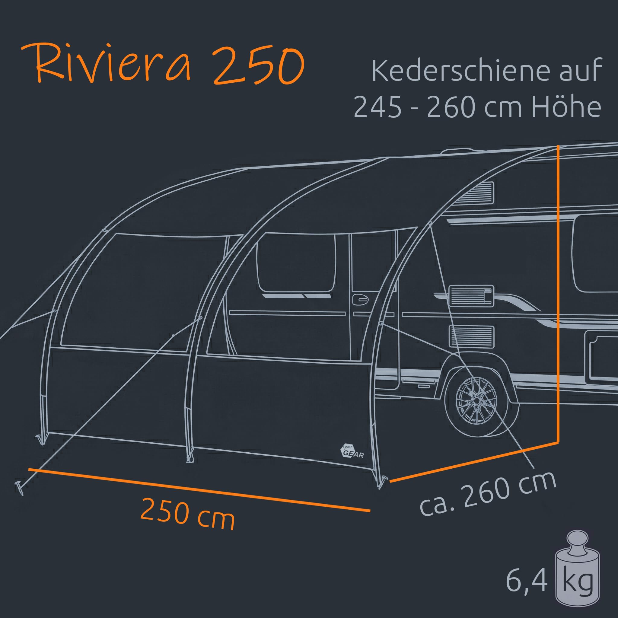 your GEAR Riviera Auvent pour caravane et camping-car en 4 tailles avec 2 m, 2,5 m, 3 m, 3,5 m de large et 260 cm de profondeur. Toit pare-soleil avec UV 50+, fenêtres panoramiques, colonne d'eau 3000