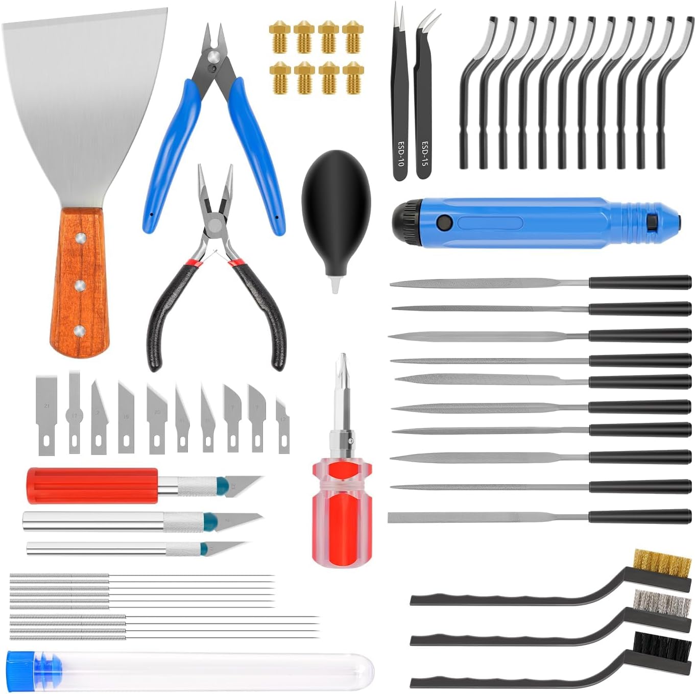 3D Printer Tool Kit, 3D Printed Model Refinement Tools and Accessories for Cleaning, Cutting, Deburring, and Finishing, Including Art Knife Set, Brass Nozzle & Clean Tools, Trimming Tools, 66Pcs
