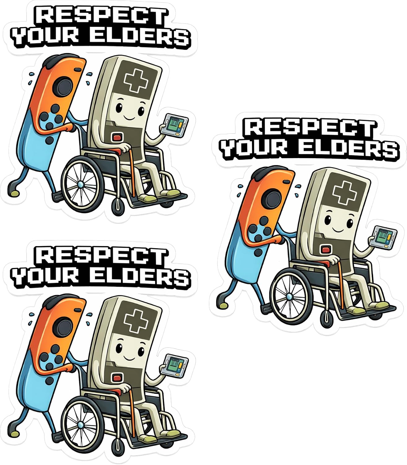 Respect Your Elders Gaming Sticker Pack, 3 Inch Retro Gaming Humor Vinyl Decals, 3 Pack