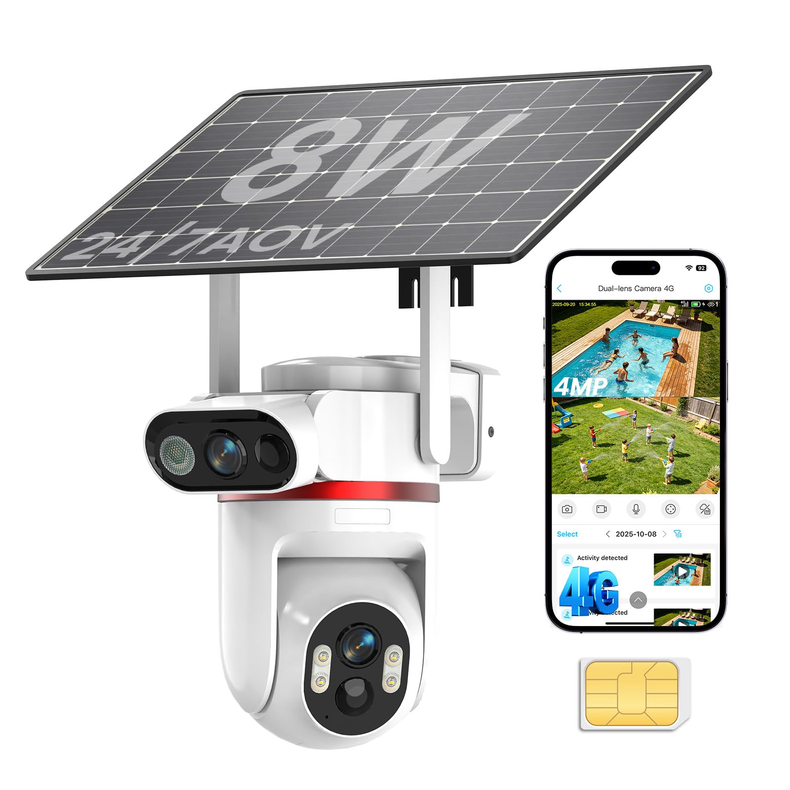 UCOCARE 24/7 AOV 4G LTE Camera Surveillance Solaire Exterieure, Double 4MP | 4G Carte SIM, Solaire 8W, Batterie 15800mAh, Détection IA, Suivi Auto 360°, Vision Nocturne Couleur, Alertes App, SD & Cloud