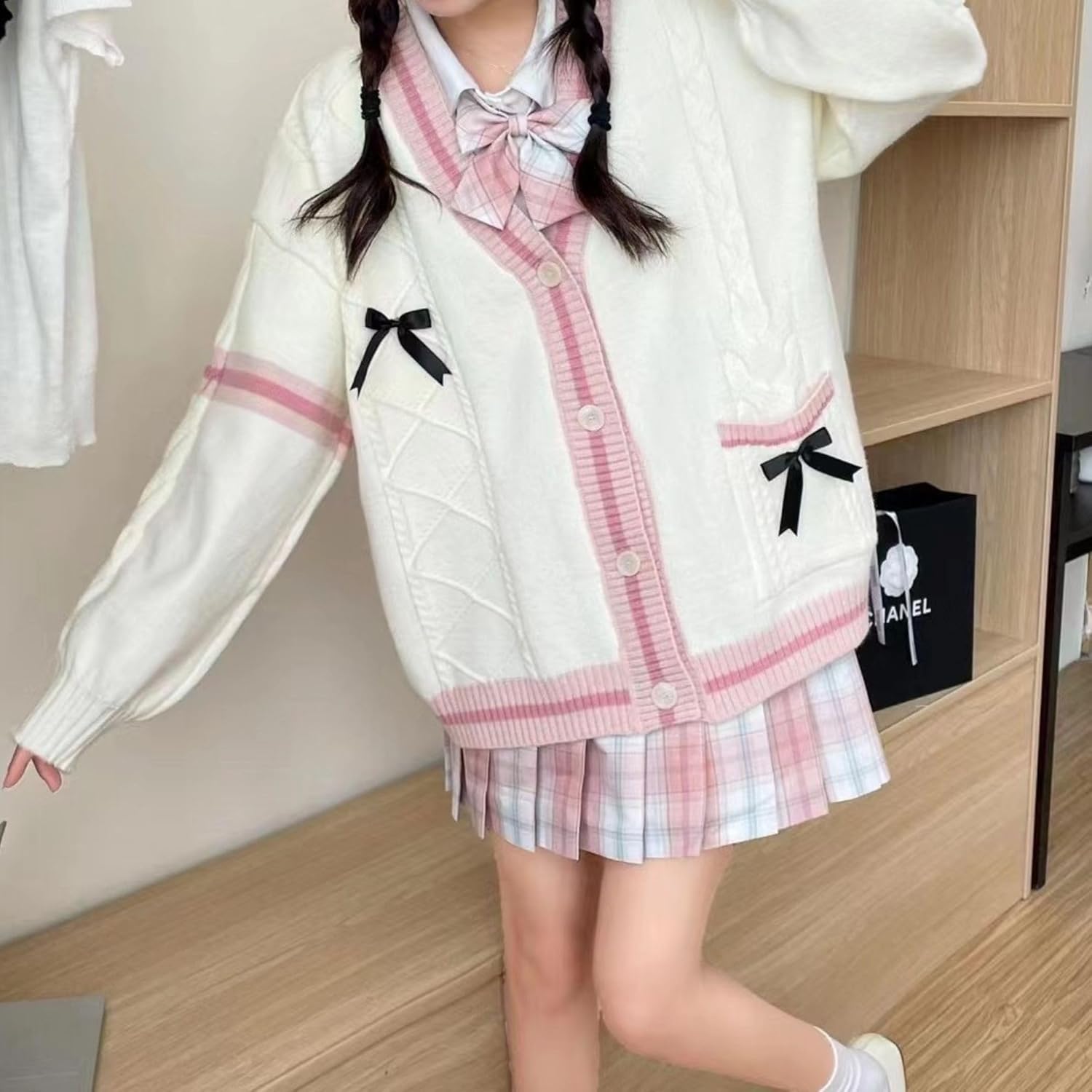 FindThy Women’s Kawaii JK School Uniform Cardigans Long Sleeve Button Up Cardigan with Pinned Bowknot - Image 3
