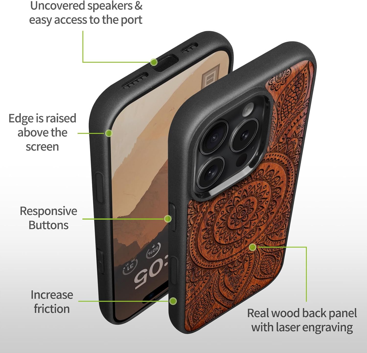 Carveit Magnetic Wooden Case for iPhone 16 Pro Max Case, Wood Artisan Engraved & Black Soft TPU Shockproof Cover, Compatible with MagSafe Wireless Chargers (Indian Floral Mandala) Rosy