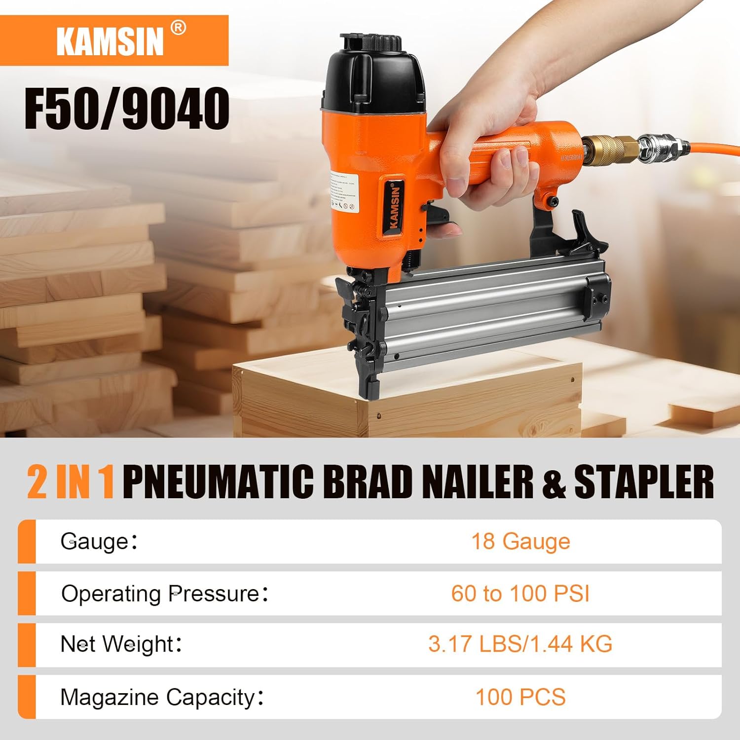 F50/9040 Pneumatic 2 in 1 Brad Nailer and Stapler Accepts 18 Gauge 2-Inch Brad Nails and 1/4-Inch Crown Staples, Air Finish Nail Gun and Staple Gun with Carring Case