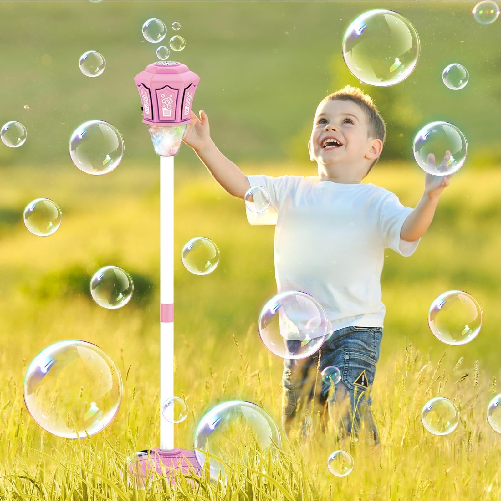 Macchina delle Bolle in Piedi Giocattolo da Esterno con e Musica | Altezza Regolabile 53-119 Cm Generatore Di Bolle Per Feste All'Aperto Giochi Estivi Prato Matrimonio Giardino e
