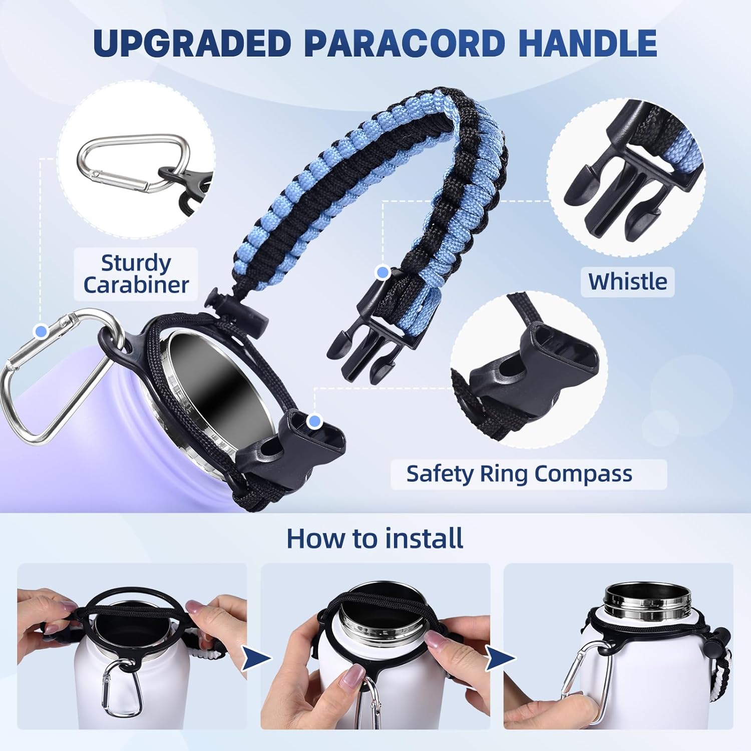 Insulated Water Bottle, 32 oz Stainless Steel Wide Mouth Water Bottles with 2 Leak Proof Lid and Paracord Handle, Double Wall Vacuum Insulated Sports Water Bottle, Purple Blue - Image 5