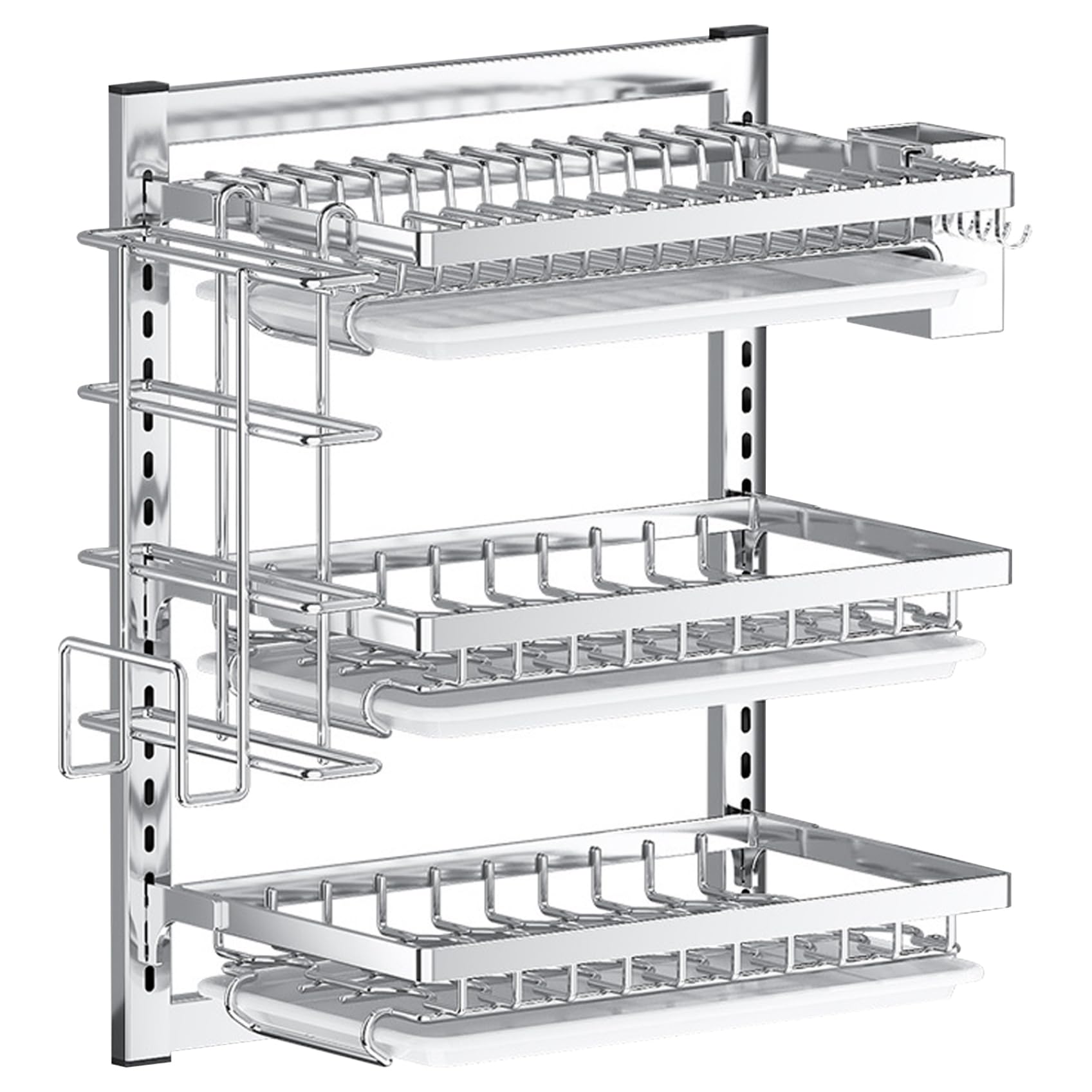 Estante para secar platos de acero inoxidable de 3 niveles con soporte de cubiertos
