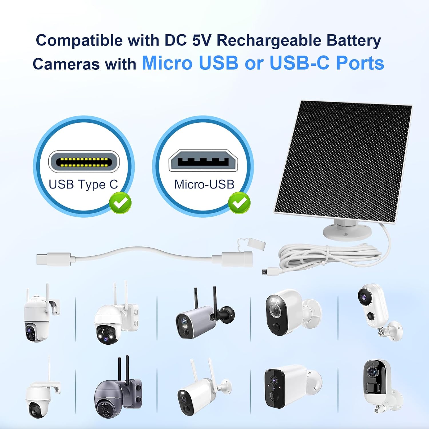 Security Camera 5V 5W Solar Panel - Adjustable Wall Mount, 9.8ft Cable, IP65 Waterproof - Suitable for USB-C & Micro USB