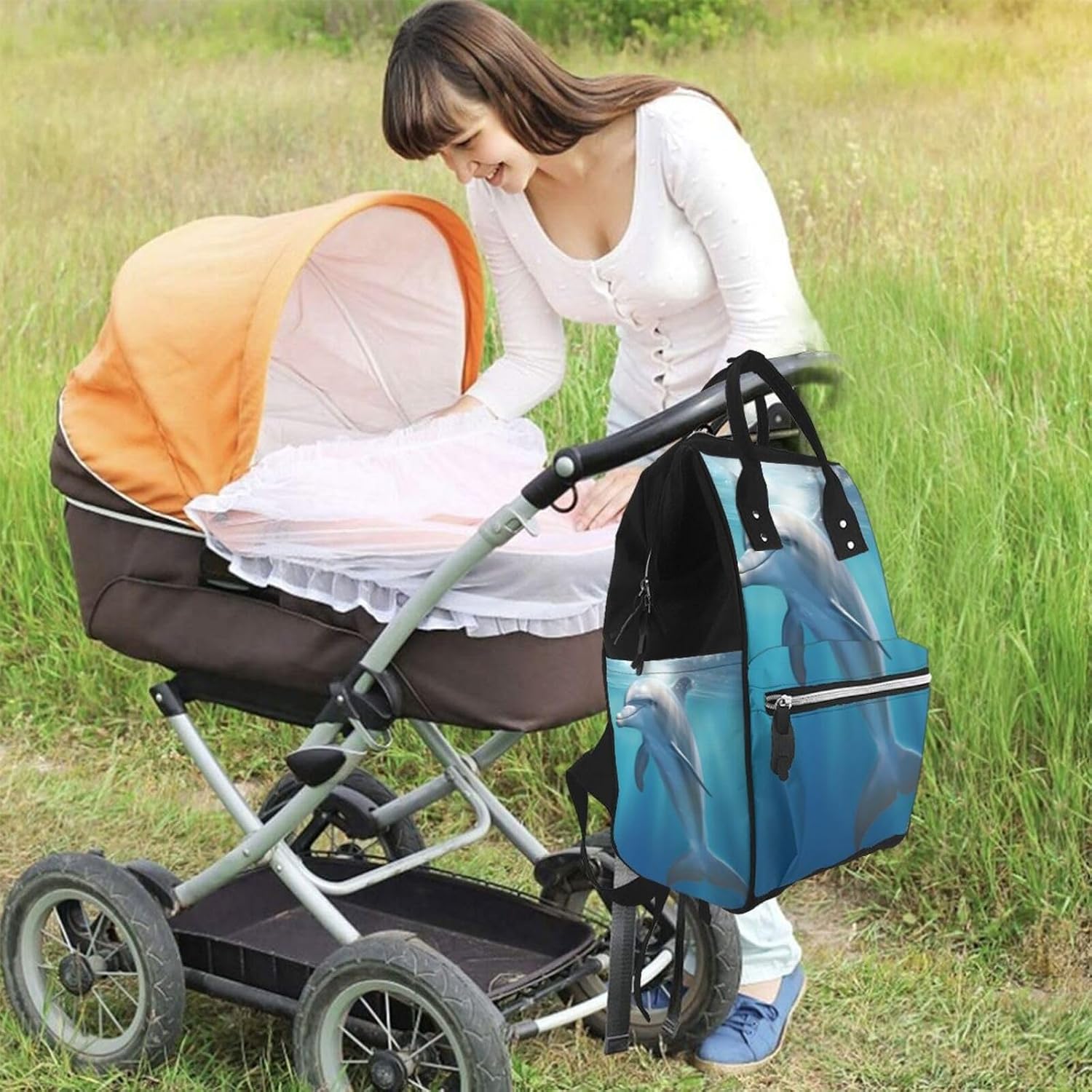 winter the dolphin Diaper Bag Backpack for Women Multifunction Waterproof Mummy Backpacks for Mom Dad, Large Capacity Nappy Bag with Changing Pad Casual Daypack Travel Bags