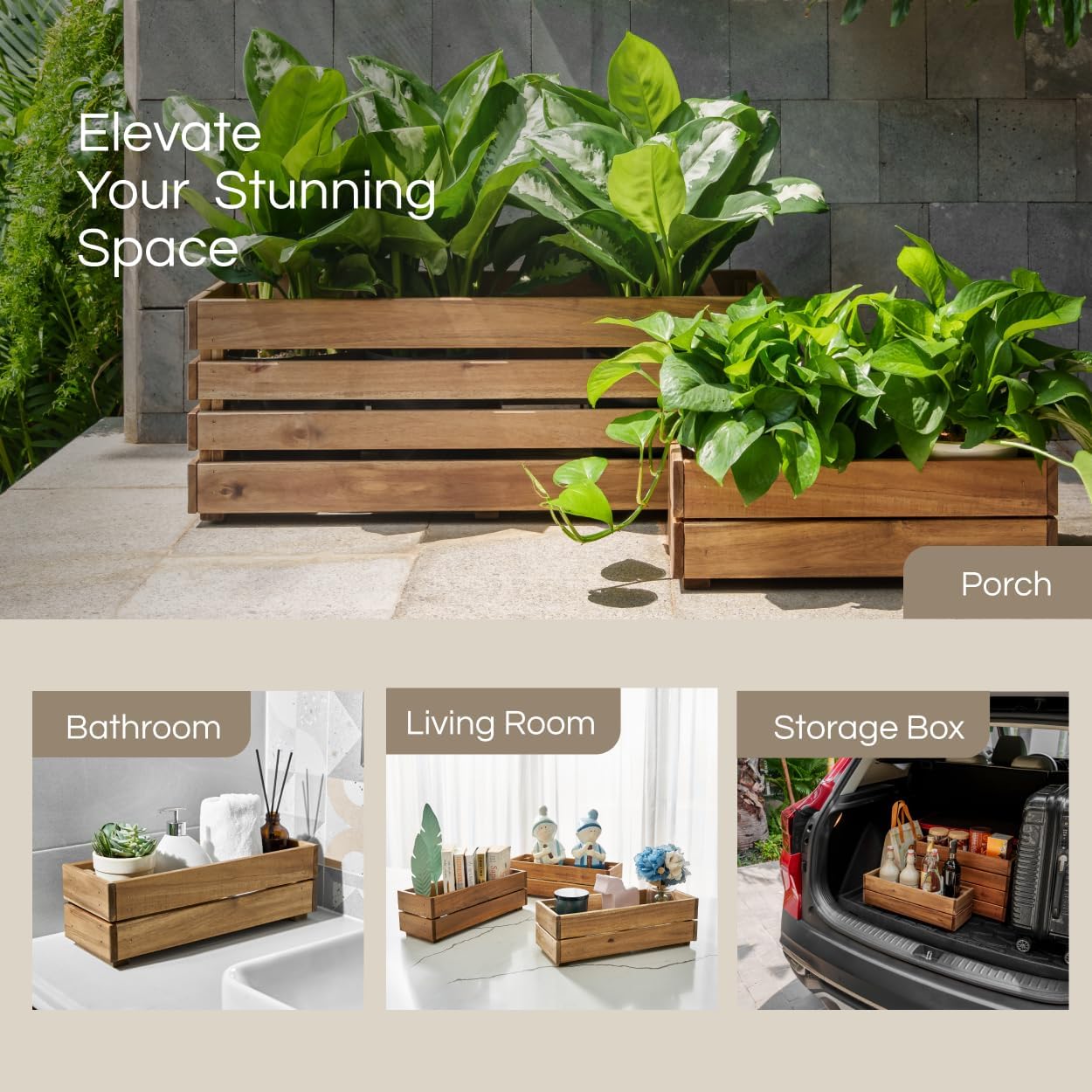 Premium Wooden Planter Box, Storage Box 17" L x6 W x5.5 H with Crate Style, Acacia Wood Flower Container, Rustic Rectangle Planter for Planting, Decor and Storage - 3 Colors (Golden Walnut)