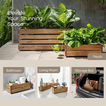 THYOI Premium Wooden Planter Box, Storage Box 17 L x6 W x5.5 H with Crate Style, Acacia Wood Flower Container, Rustic Rectangle Planter for Planting, Decor and Storage - 3 Colors (Golden Teak)