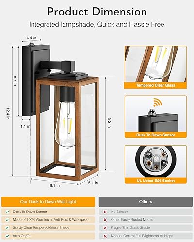 Miniatura 7 de VIANIS Luces de pared del atardecer al amanecer, lámpara exterior de grano de madera, luz de garaje de vidrio transparente, aplique de luces