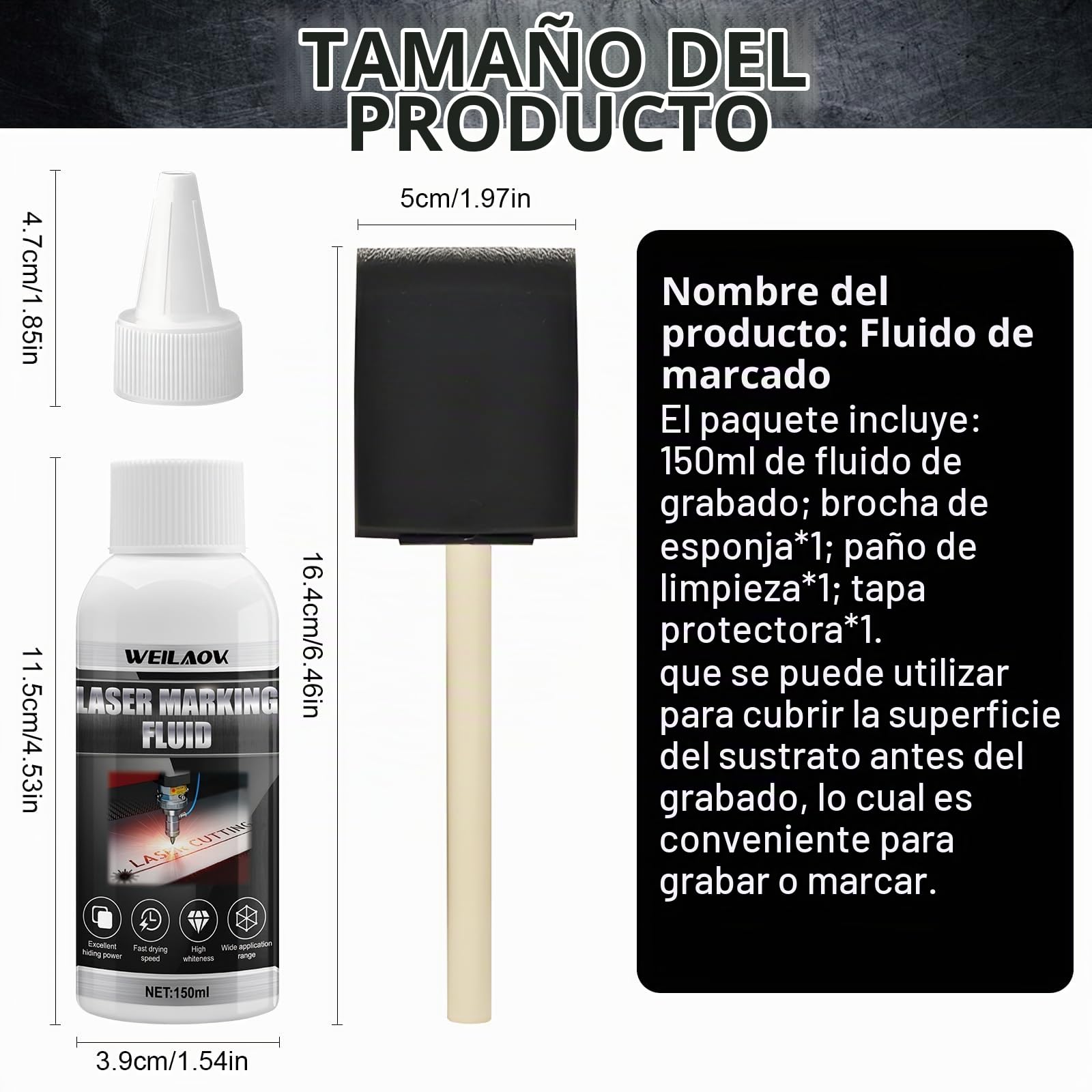 Fluido per Marcatura Laser, Polvo de Marcado Láser, Fluido para Marcado Láser de Metales, Secado Rápido, Apto para Grabado Láser, Metal, Joyería, Vidrio, Aluminio y Acero Inoxidable, 150ml
