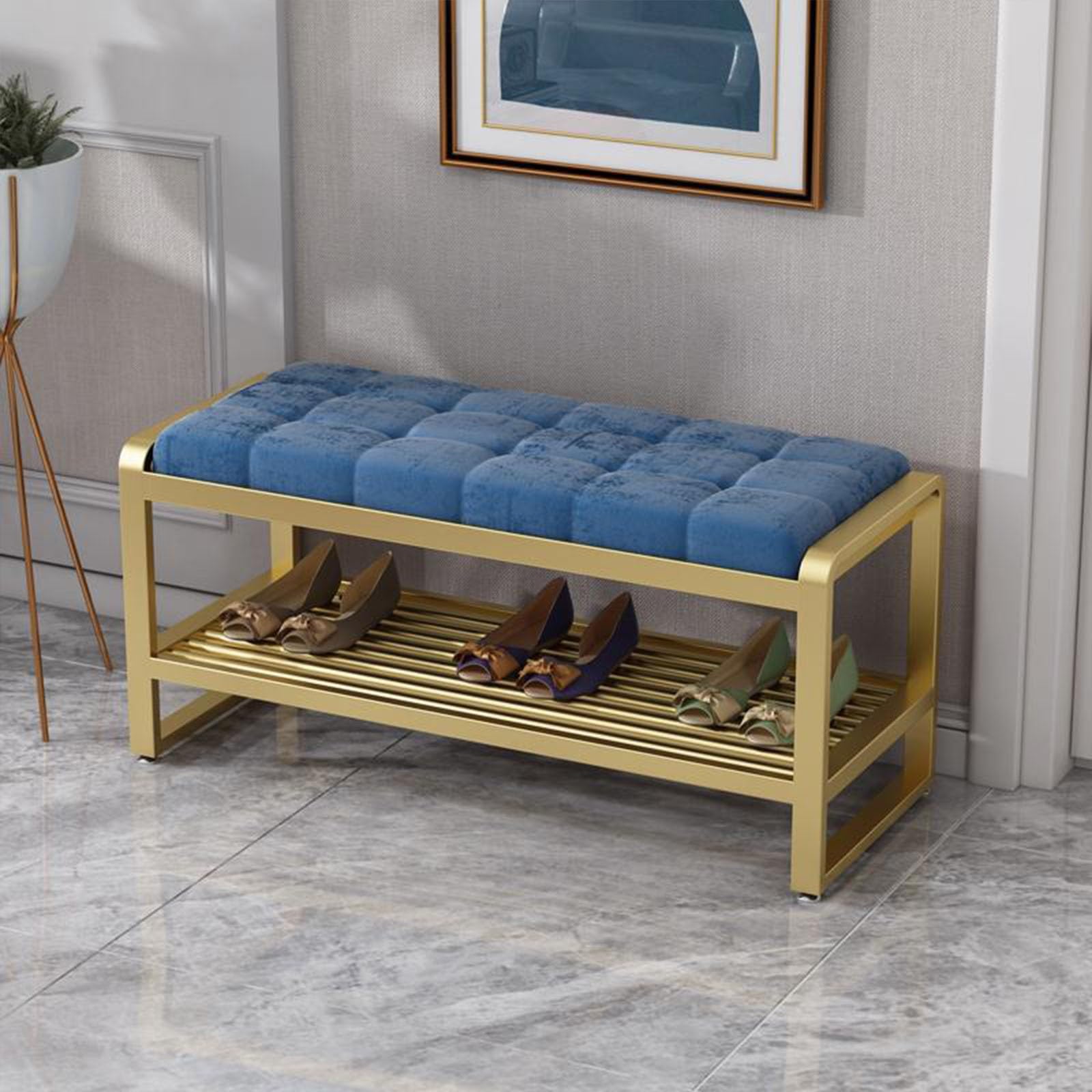 Banc à chaussures en velours bleu flanelle meuble de rangement doré 60cm