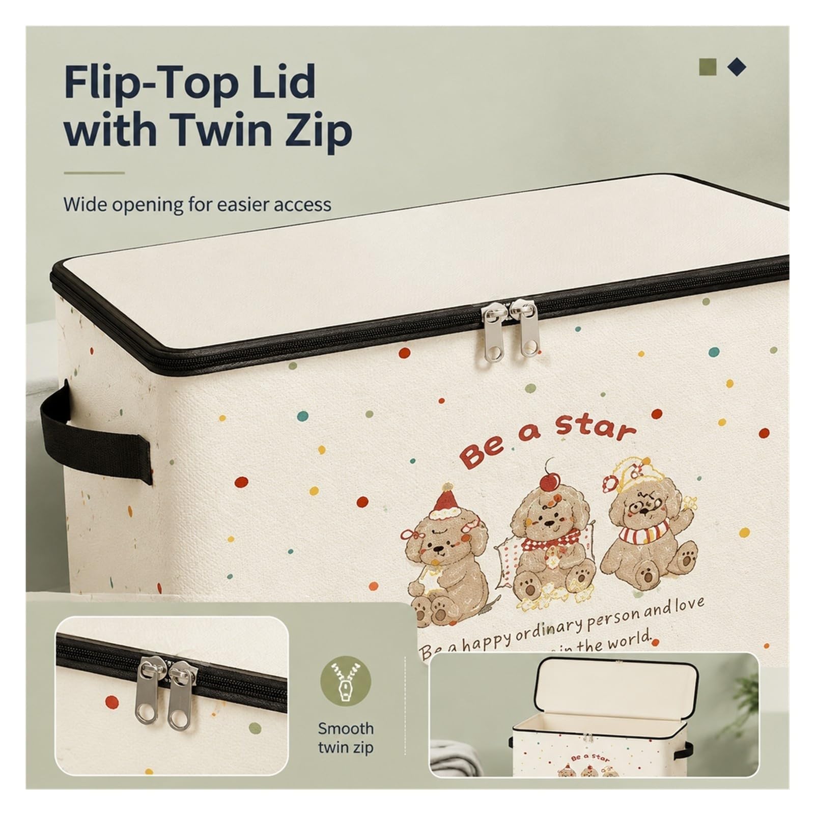 Caja de almacenamiento plegable de tela no tejida con tapa y doble cremallera, asas laterales para ropa, mantas, juguetes y armario de dormitorio y hogar(Small)