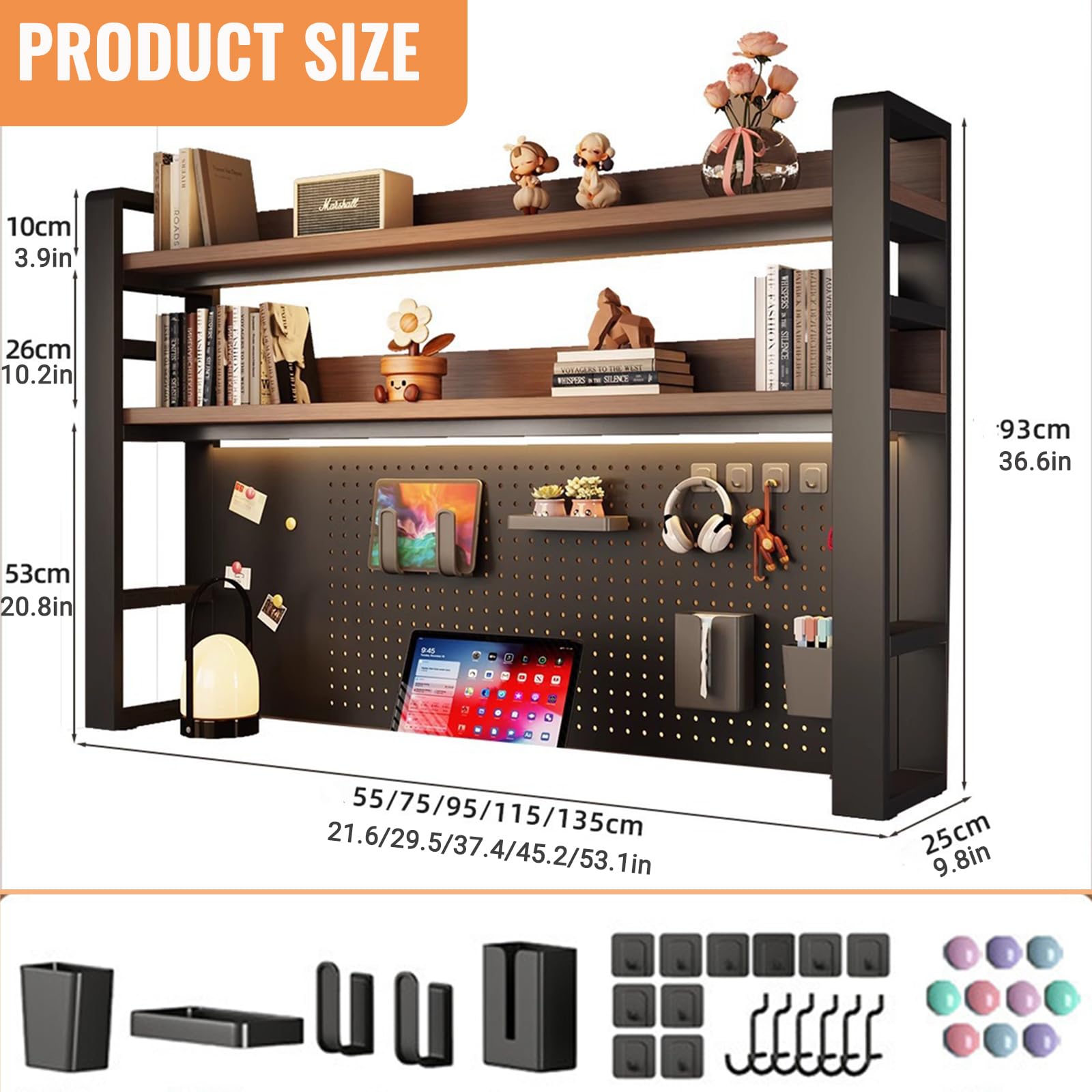 Estantería de Escritorio de múltiples Niveles con Tablero Perforado, Estante de sobremesa para Libros, Estante Organizador de Almacenamiento de Metal,Negro,L37.4*H36.6