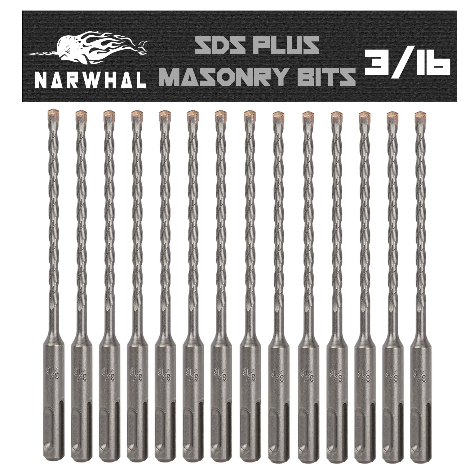 SDS Plus 3/16 Inch Masonry Drill Bits (13 Pack - Industrial Grade) 6 Inch Rotary Hammer Bit for Concrete, Stone, Block, & More!