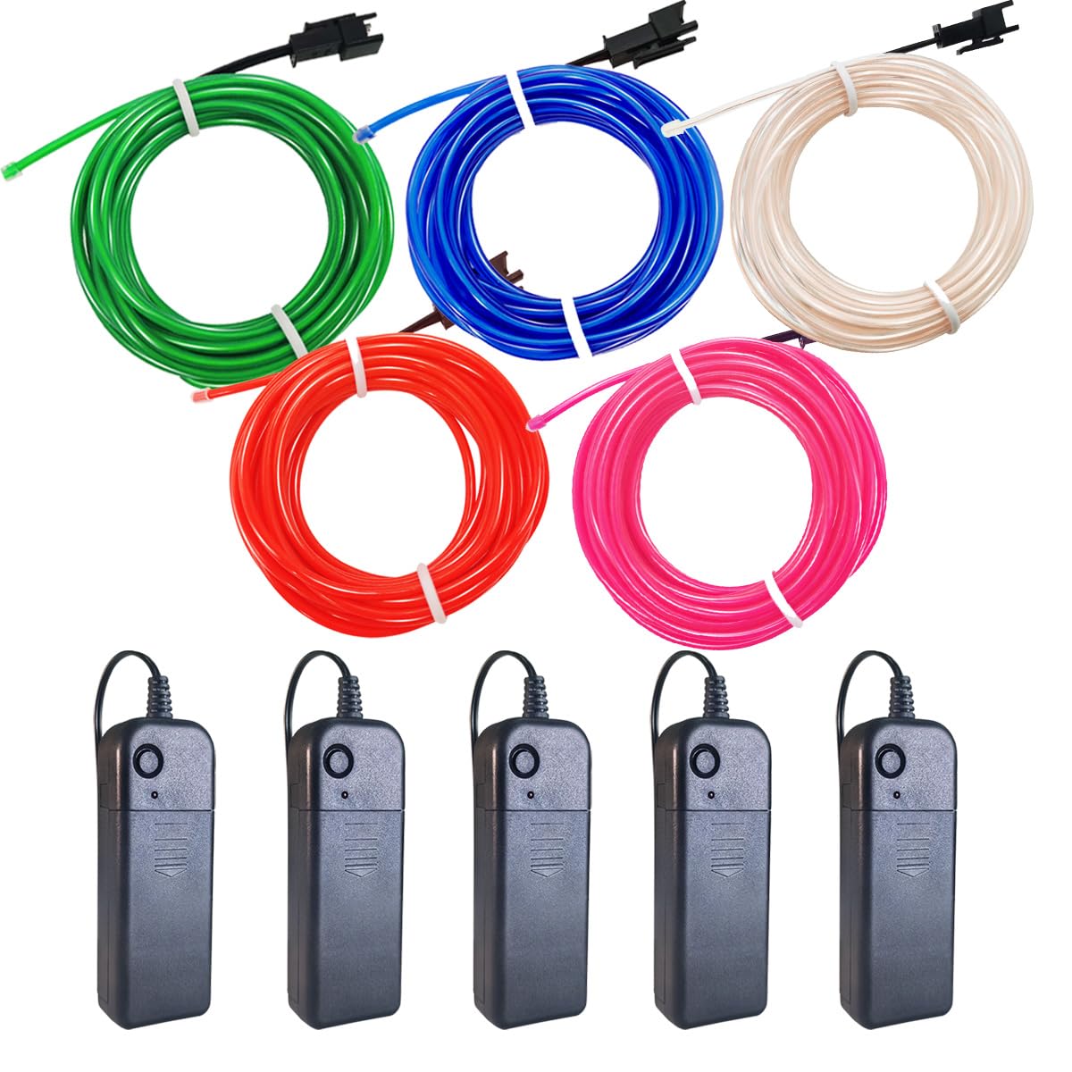 MaxLax EL Wire 5 Pack, 16.4ft Neon Light Wire Noise Reduction with Battery Pack(Green, Blue, Red, White, Pink)… (16.4ft)
