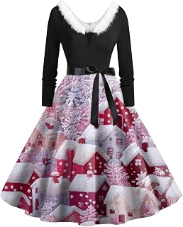 Christmas Dresses for Women 2025 A-Line Fuzzy V-Neck Long Sleeve Dress Retro 1950S Bow Tie Festival Evening Dress