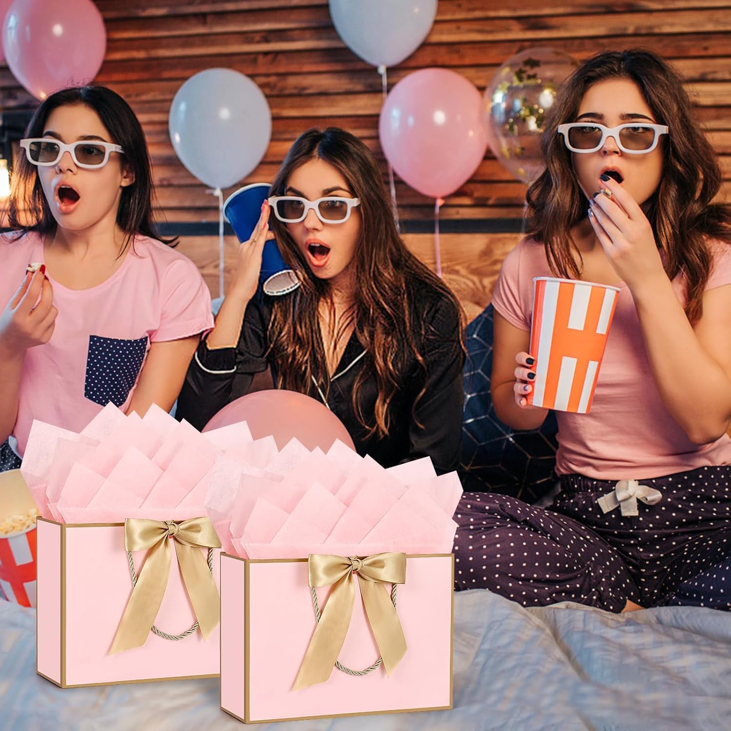 YoungTree Pink Valentines Gift Bag, 2PCS Valentines Bags with Ribbon and 2 Greeting Cards 4 Tissue Papers, Paper Birthday Gift Bags with Handles, Present Bags for Valentines Day Wedding (Pink-Gold) - Image 7