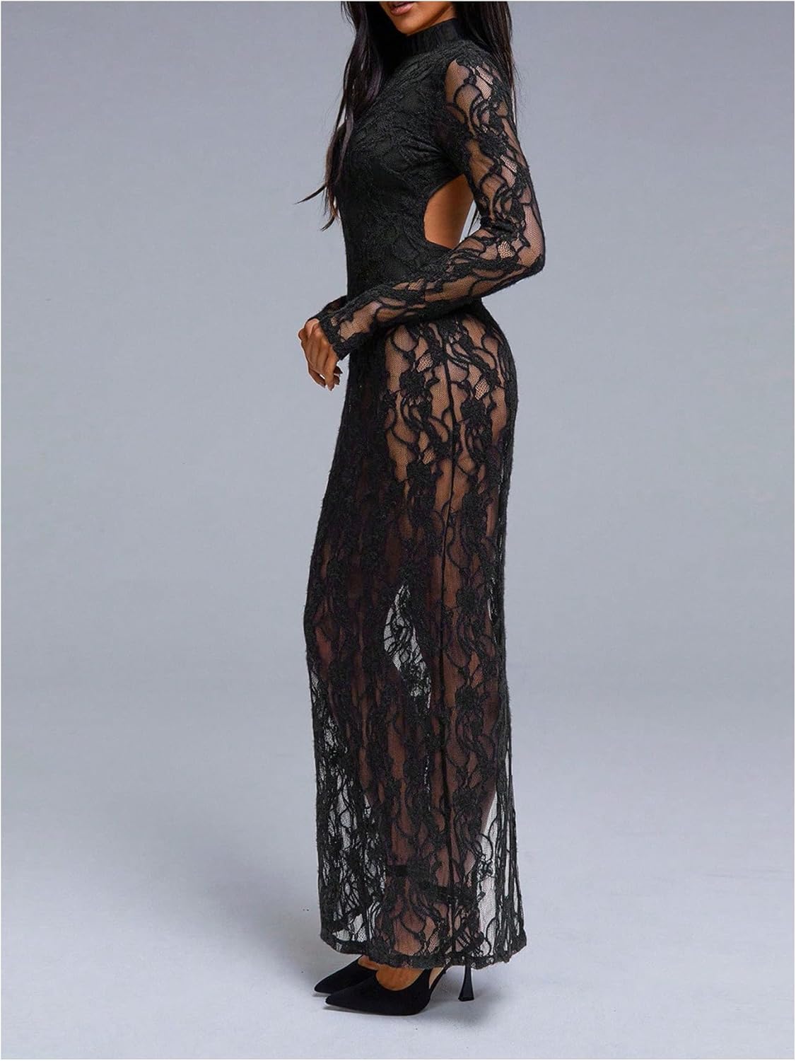SHENHE Women's Lace Maxi Bodycon Dress Open Back Slit Long Sleeve Sheer Party Dress - Image 5