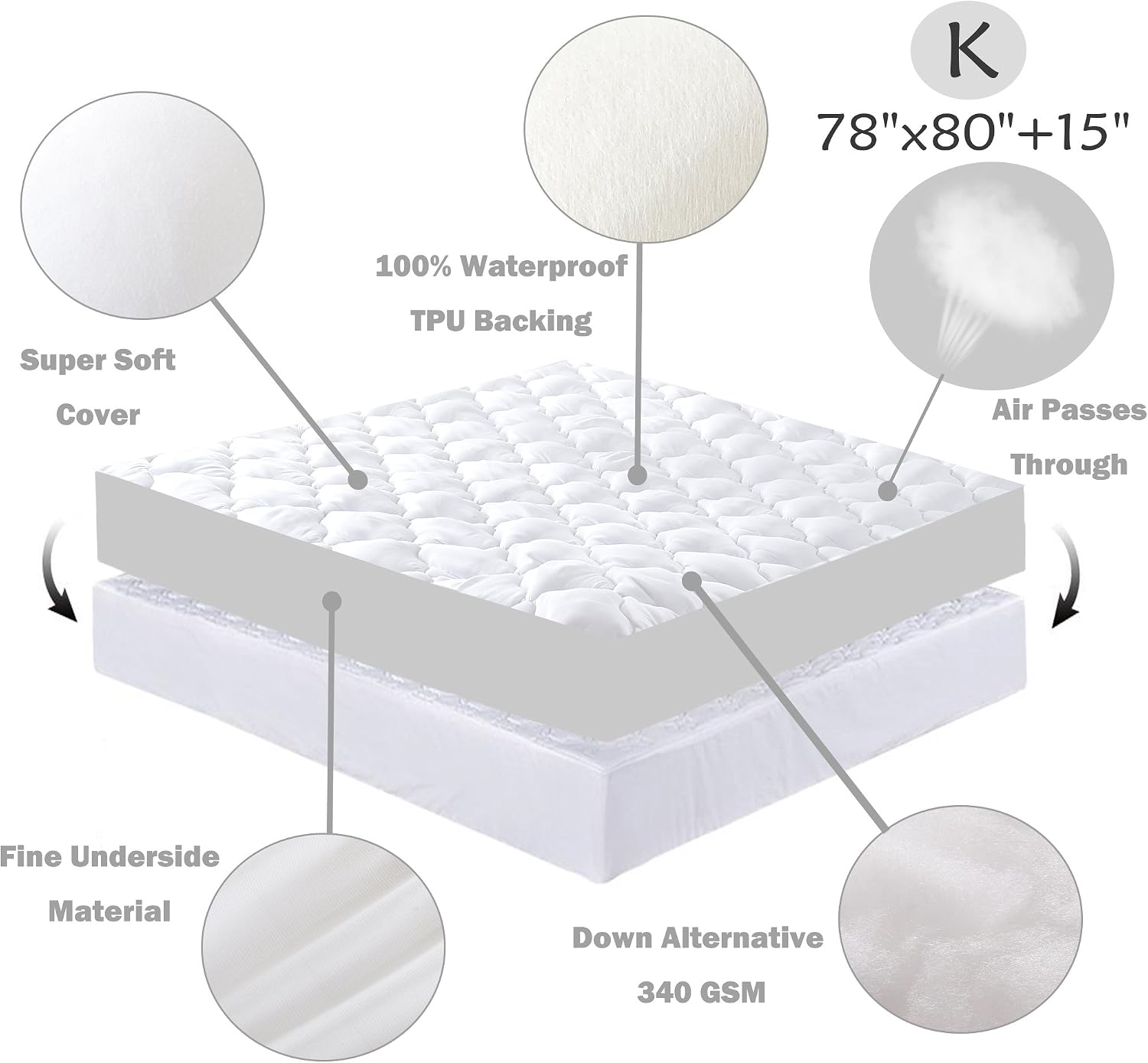 Basic Beyond King Mattress Pad - Down Alternative Mattress Pad King Size Waterproof Mattress Protector with Deep Pocket (78x80 Inches, White)
