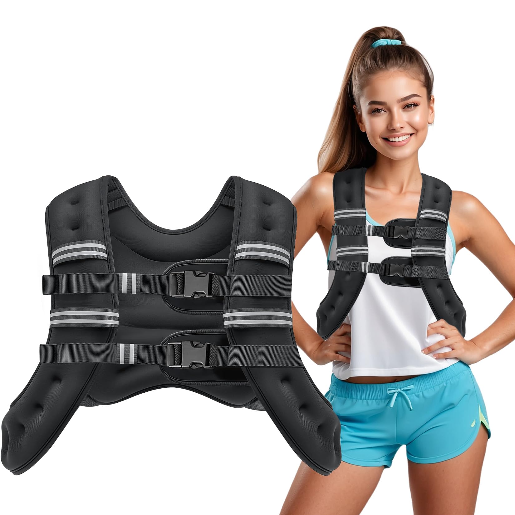 Weighted Vest, 12lb/16lb/20lb Weight Vest with Reflective Stripes for Men Women, Two Adjustment Straps for Workout, Strength Training, Running, Fitness, Muscle Building, Weight Loss (12lb)