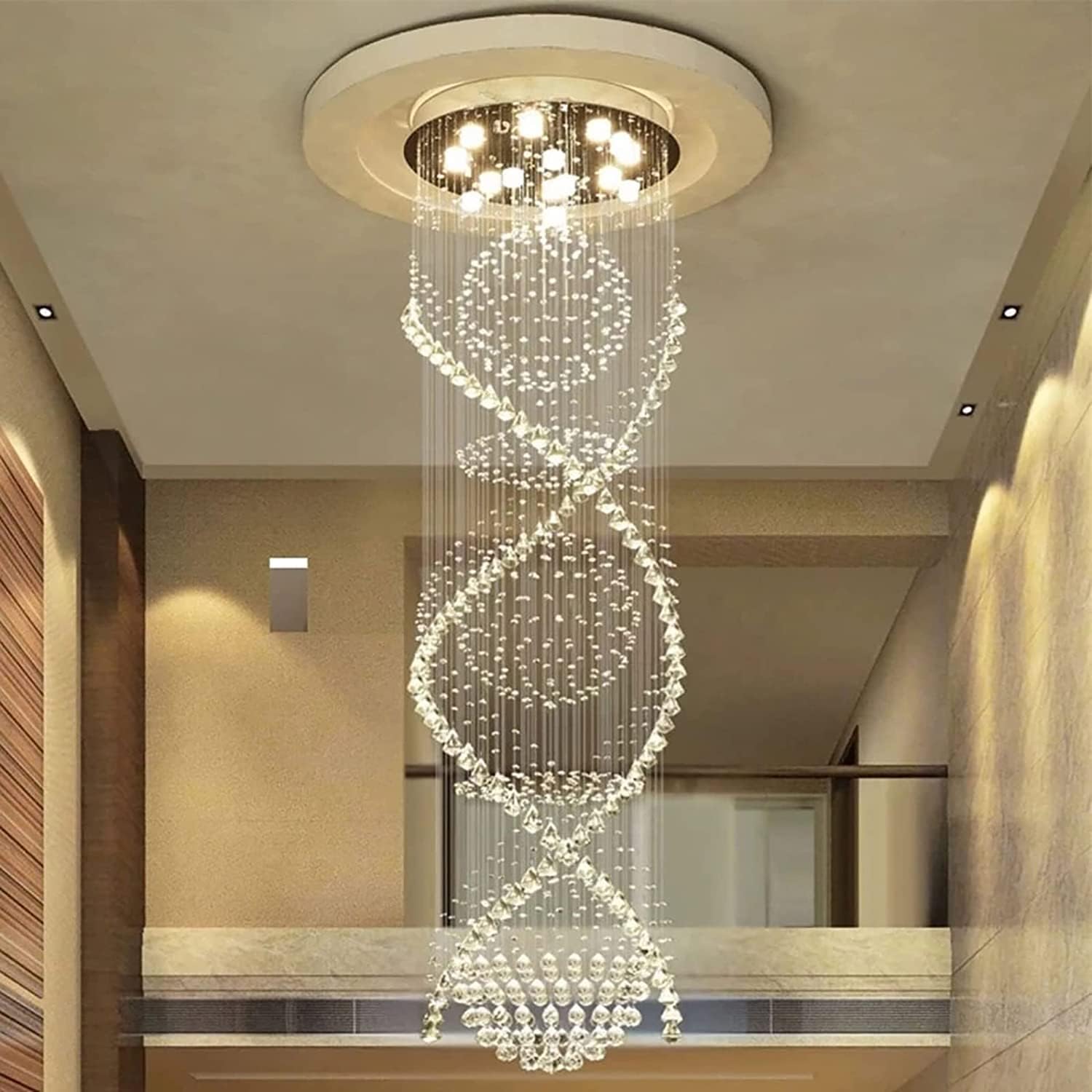 7PM Chandelier for Staircase, Crystal Foyer Chandelier High Ceiling, Modern Raindrop Chandeliers Flush Mount Ceiling Light Fixture for Spiral Staircase, Foyer, Entryway, High Ceiling W25.6 X H 98.4"