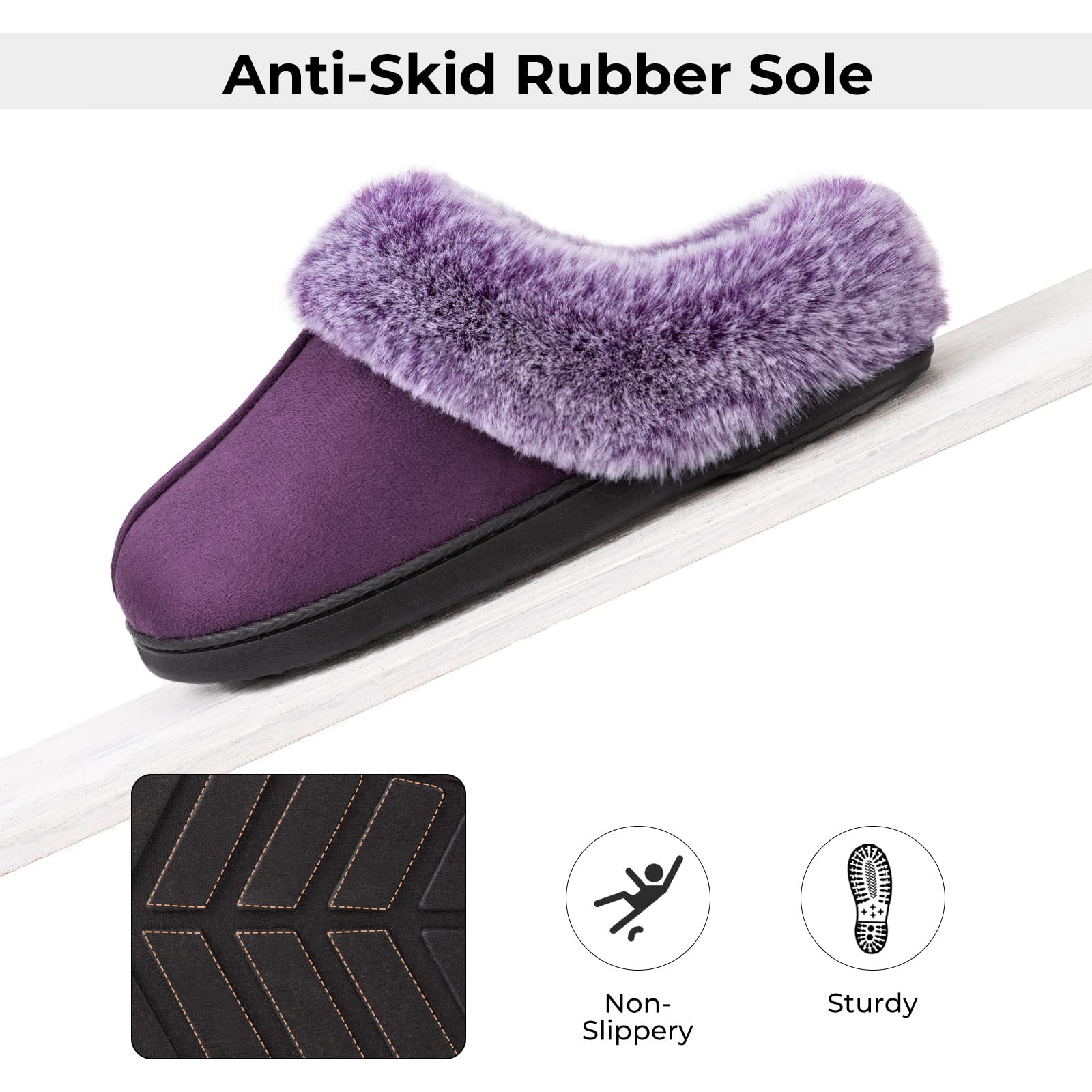 Women's Classic Microsuede Memory Foam Slippers Durable Rubber Sole with Warm Faux Fur Collar (9-10 M, Purple)