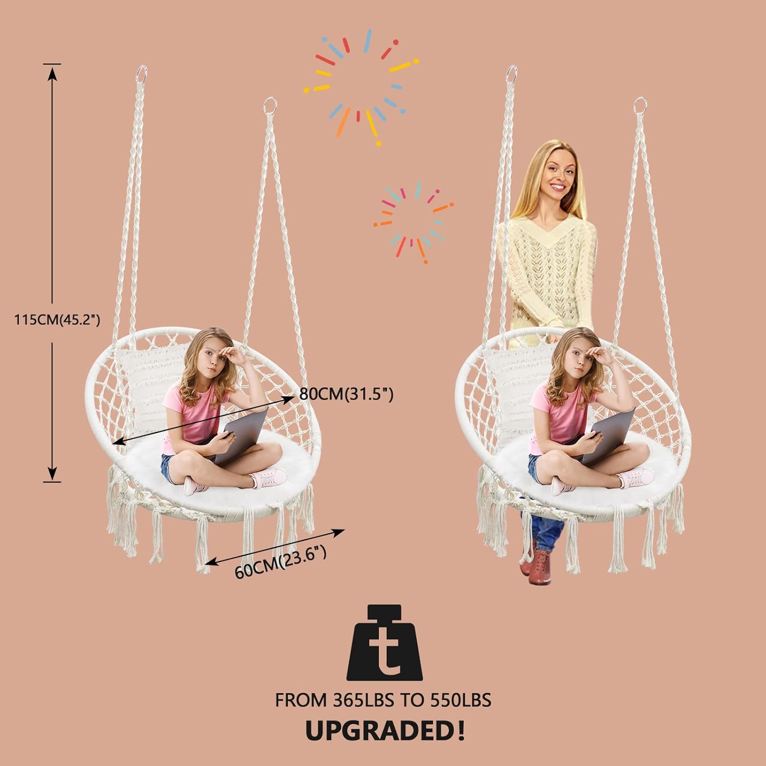 SURPCOS Round Hammock Chair Swing with Two Cushion, Upgraded Max 550LBs Macrame Swing for Indoor and Outdoor Use, Hanging Cotton Rope Macrame Hammock Chair Swing with Stainless Steel Hardware Kits