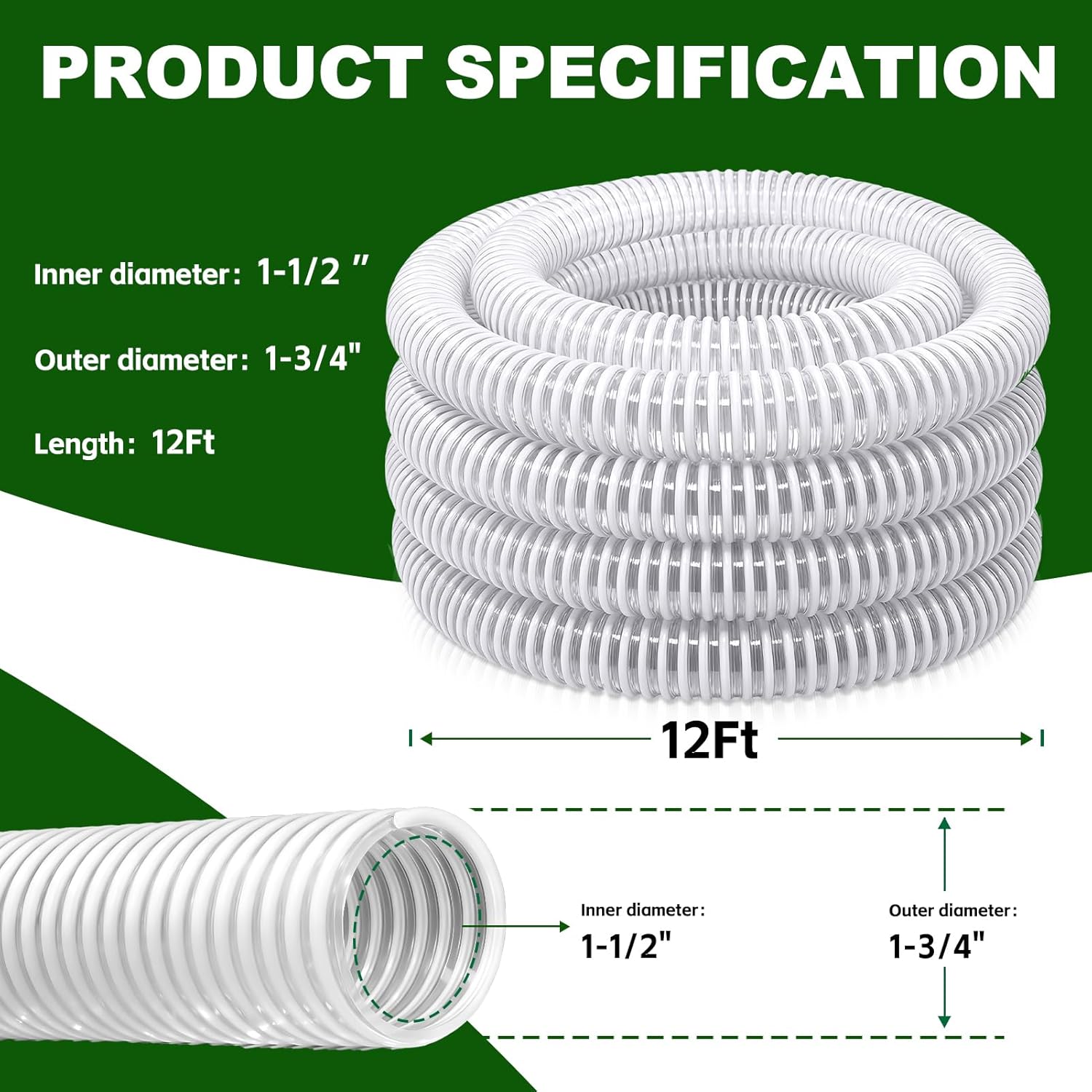 Pool Filter Pump Hose 1-1/2” × 12 Feet Transparent Flexible PVC Pond Hose,Garden Pond Tube - Kink-Resistant Tubing for Pumps, Fountains, with 4 Clamps