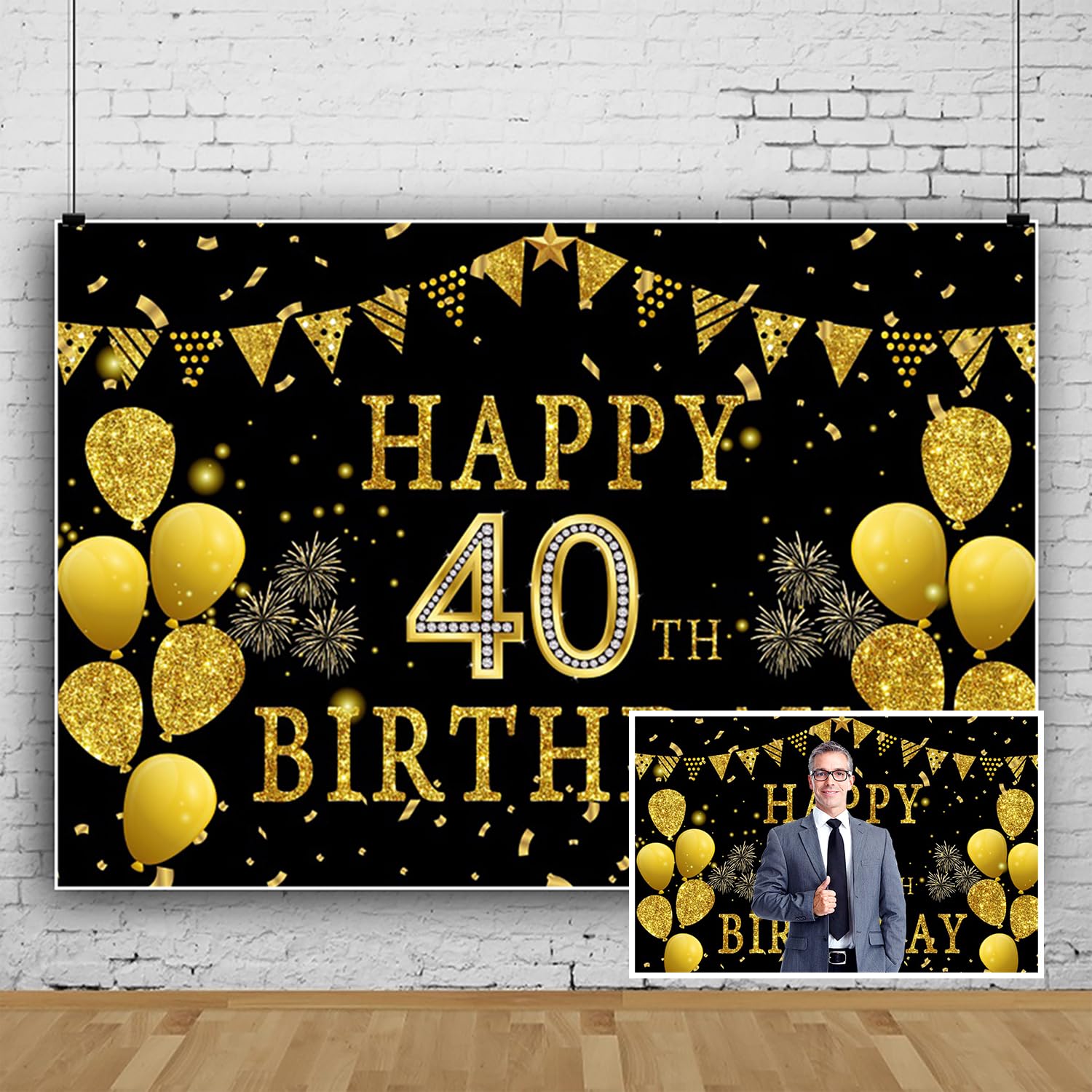 3,6 x 2,5 m 'Happy 40th Birthday' tło złoty brokatowy balon wstążka fajerwerki czarne tło fotograficzne dla kobiet w wieku 40 lat przyjęcie urodzinowe tło dekoracja