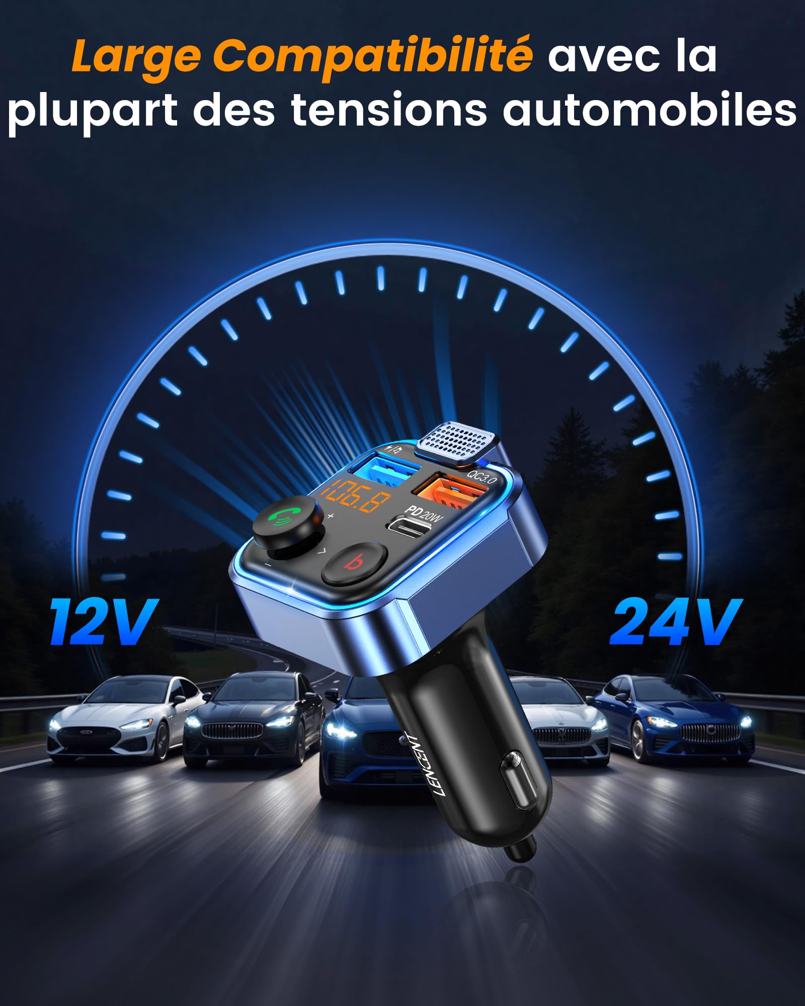 LENCENT Transmetteur FM Voiture, Allume Cigare Bluetooth 5.3 Émetteur Radio, Chargeur Rapide PD 20W Type C+ QC3.0, Appels Mains Libres, Lecteur de Musique MP3 Basse Support U Disk
