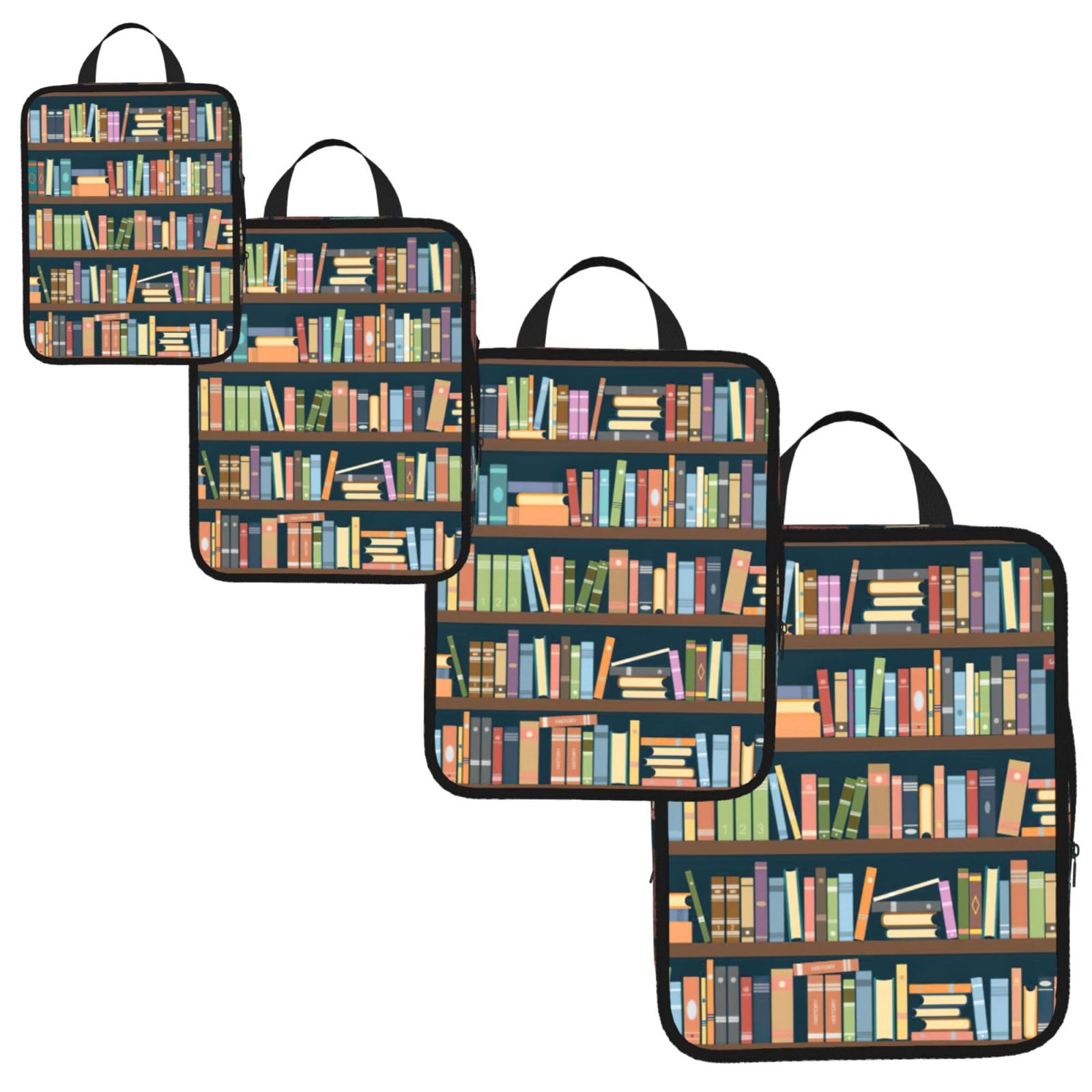 Cartoon Bookshelf Bookworm Print 4 Set Compression Packing Cubes for Suitcases,Expandable Storage Bag Organizers