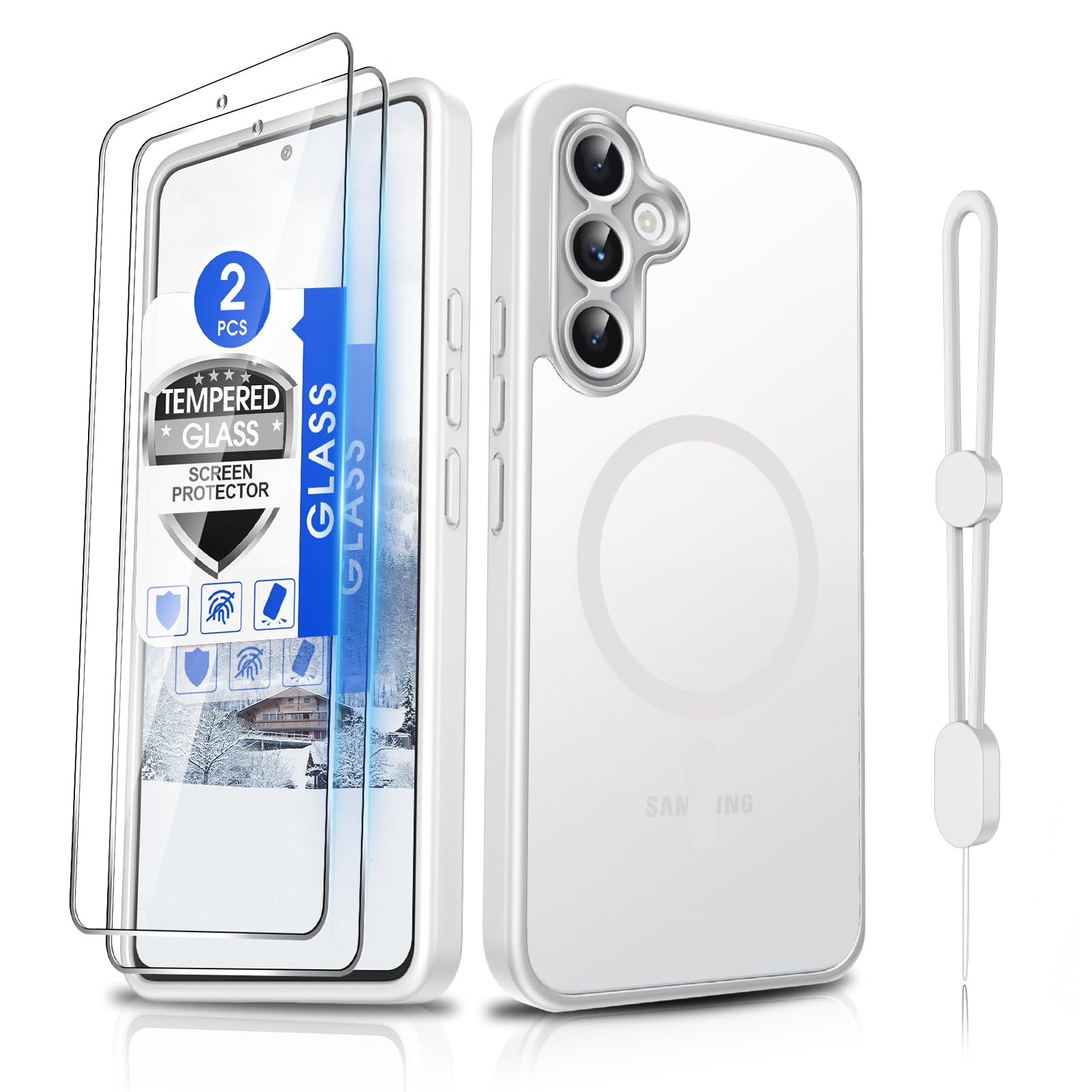 Dizn for Samsung Galaxy A54 Phone Case: with Tempered Glass Screen Protector [Compatible with MagSafe] with Strap, Matte Cover &amp; Military Grade Shockproof Protective A54, Funda para A54, White
