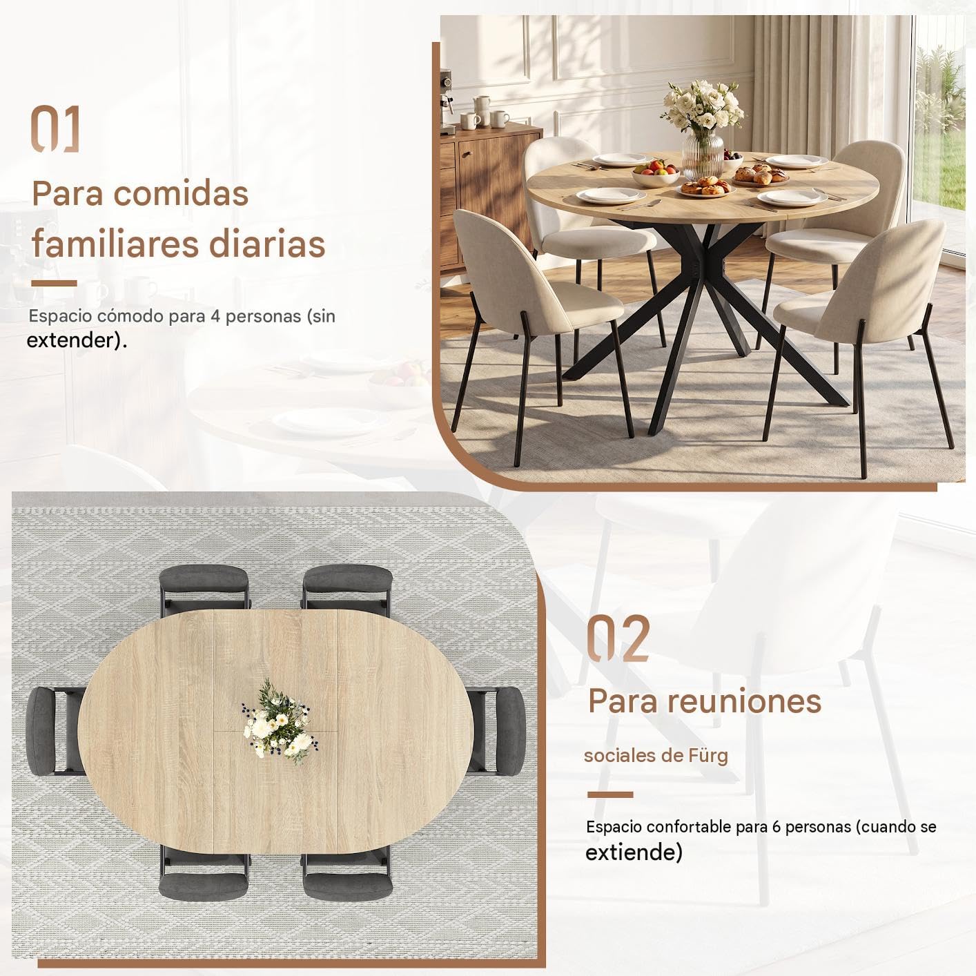 APICIZON Mesa Comedor Extensible, 110-150 x 76 cm Mesa Comedor, Roble | Mesa Redonda Extensible para 4 a 6 personas, Patas Cruzadas Robustas, Mesa de Comedor para el comedor y la cocina